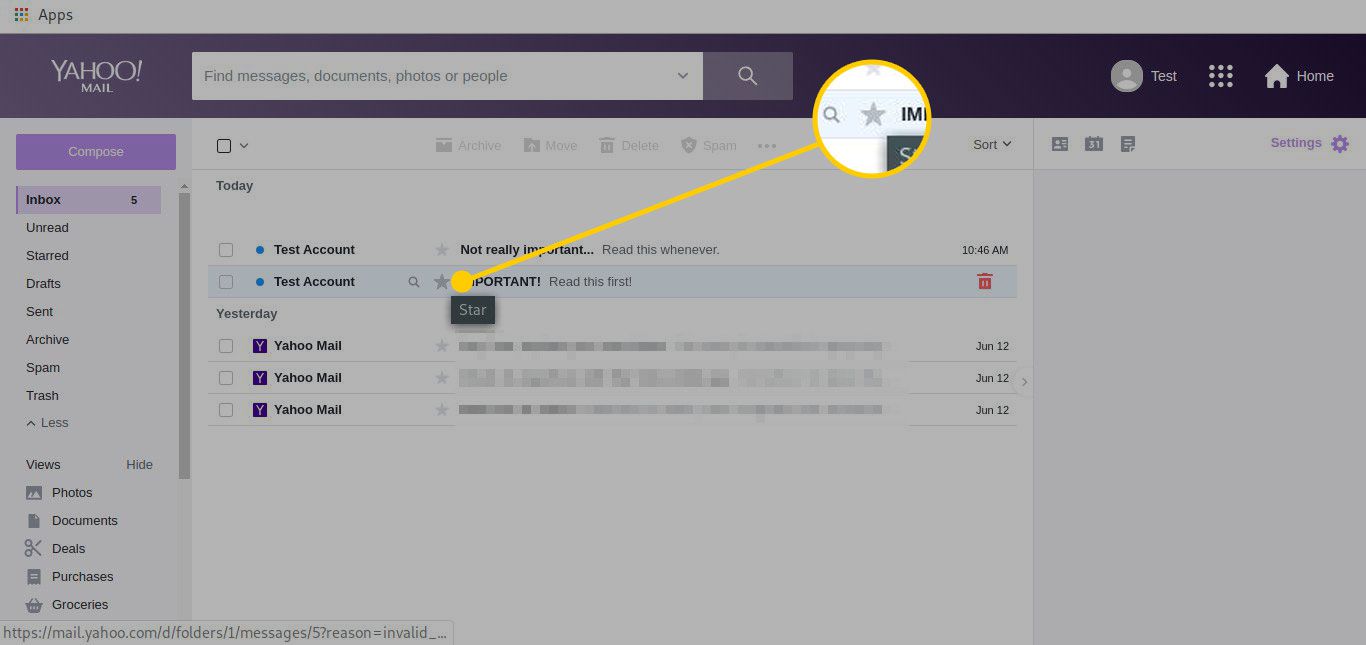Doručená pošta Yahoo Mail se zvýrazněnou ikonou Hvězda