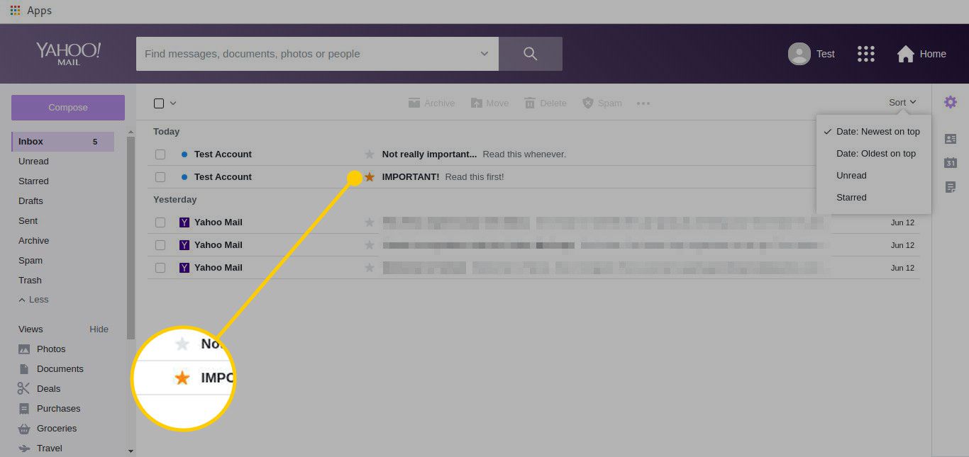 Doručená pošta Yahoo Mail se zvýrazněnou ikonou vedle zprávy označené hvězdičkou