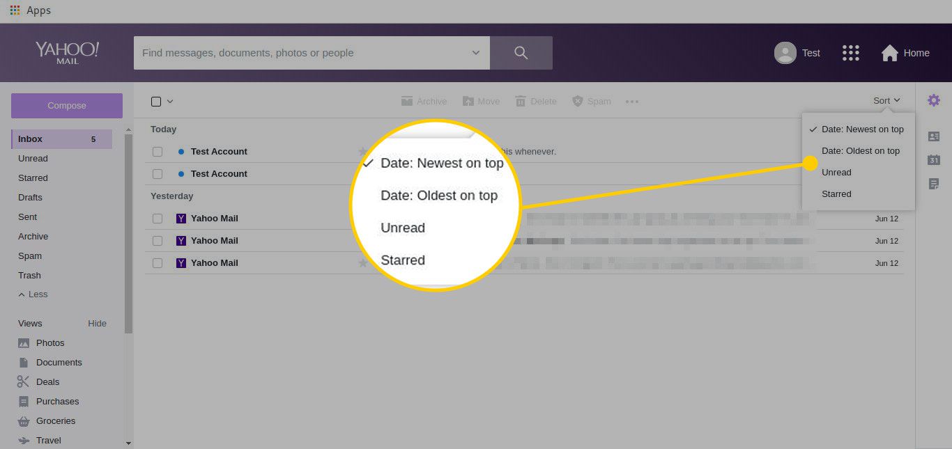 Doručená pošta Yahoo Mail se zvýrazněnými možnostmi třídění