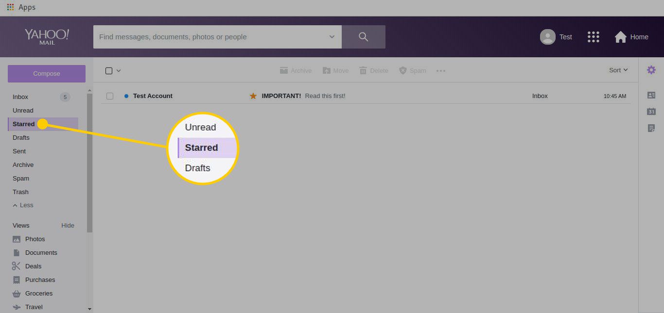 Yahoo Mail se zvýrazněnou kategorií s hvězdičkou