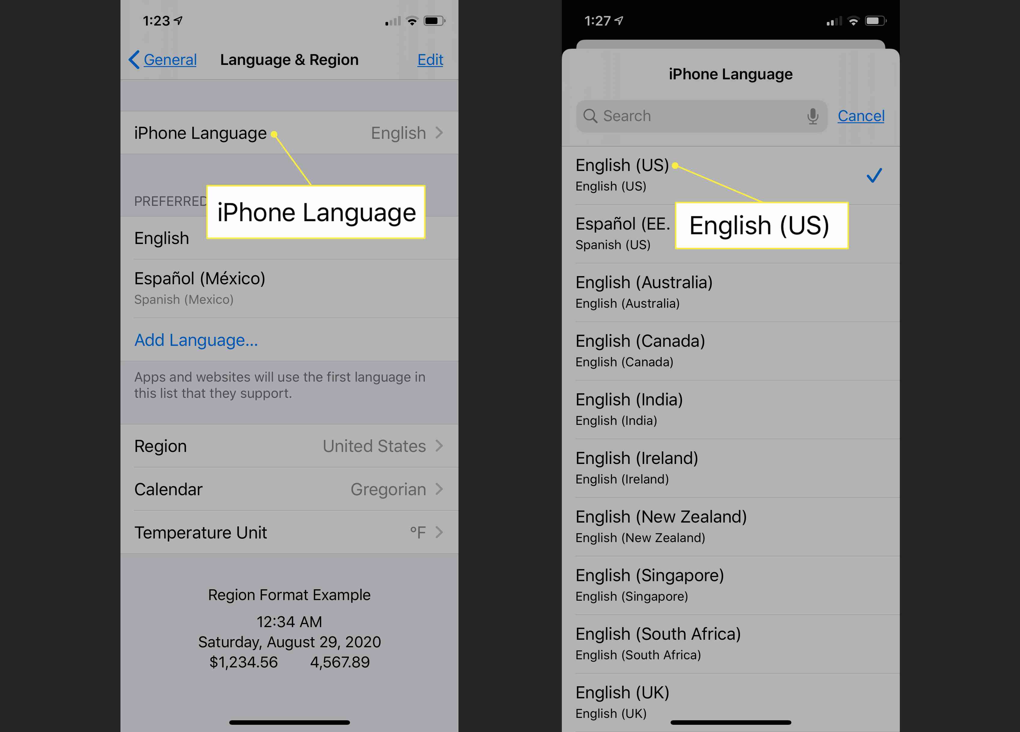 Nastavení angličtiny (USA) v systému iOS