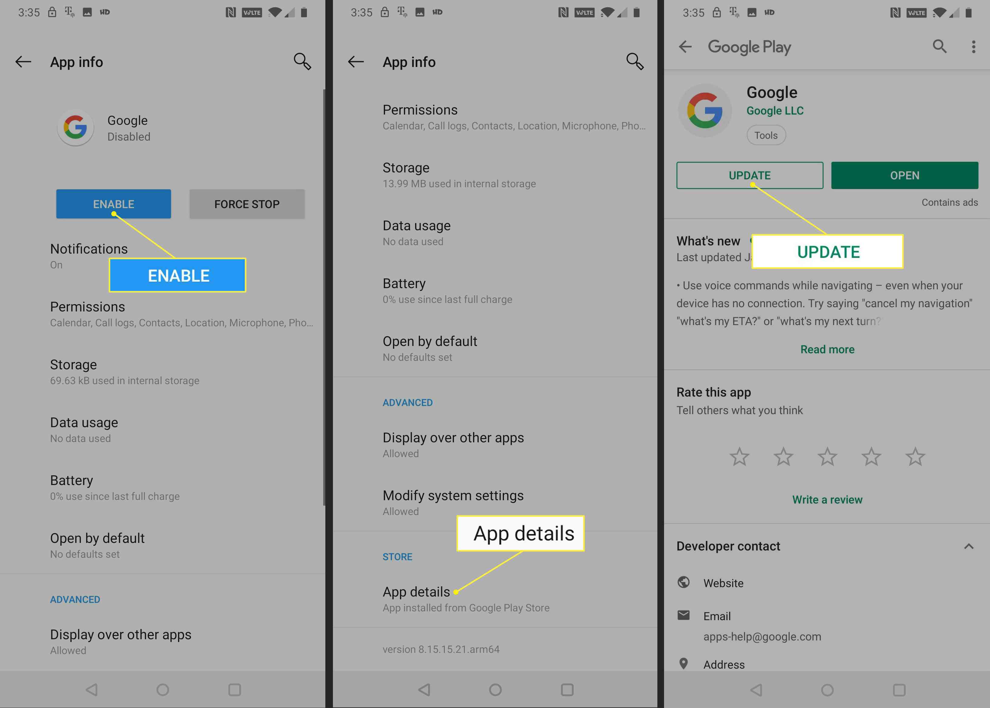 Znovu povolte a aktualizujte aplikaci Google v systému Android