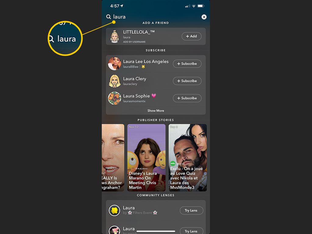 Vyhledávací pole v Snapchatu pro iOS
