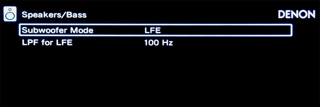 Nabídka nastavení LFE subwooferu Denon AVR-X2100W