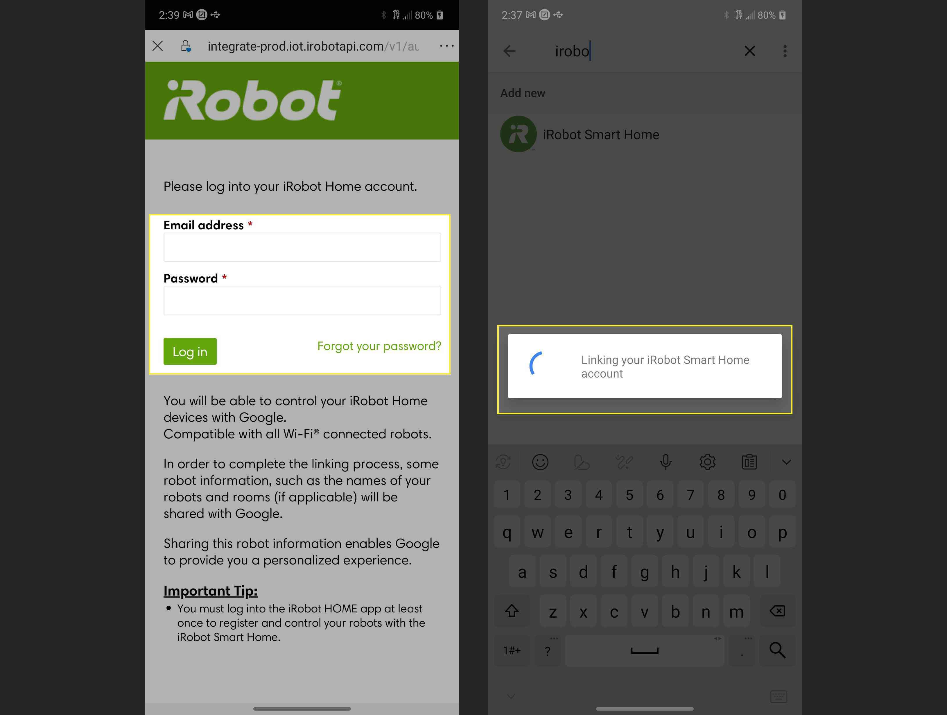 Stránka účtu iRobot se zvýrazněnými přihlašovacími údaji a přihlašovací zprávou
