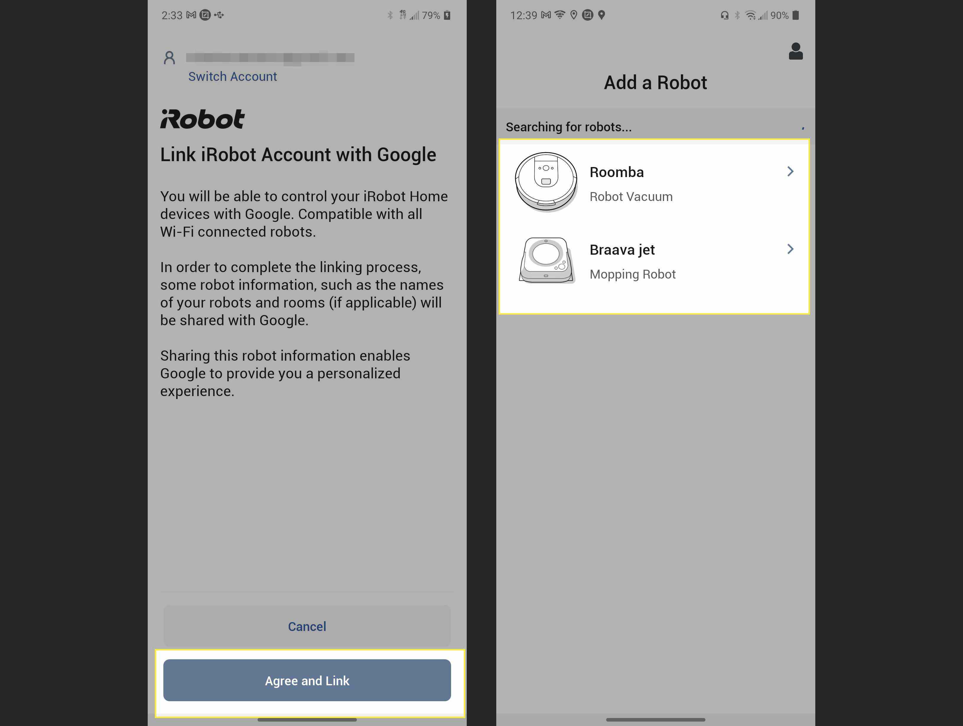 Obrazovka propojení účtu iRobot se zvýrazněnými slovy „Agree and Link“ a dvěma dostupnými vysavači Robot