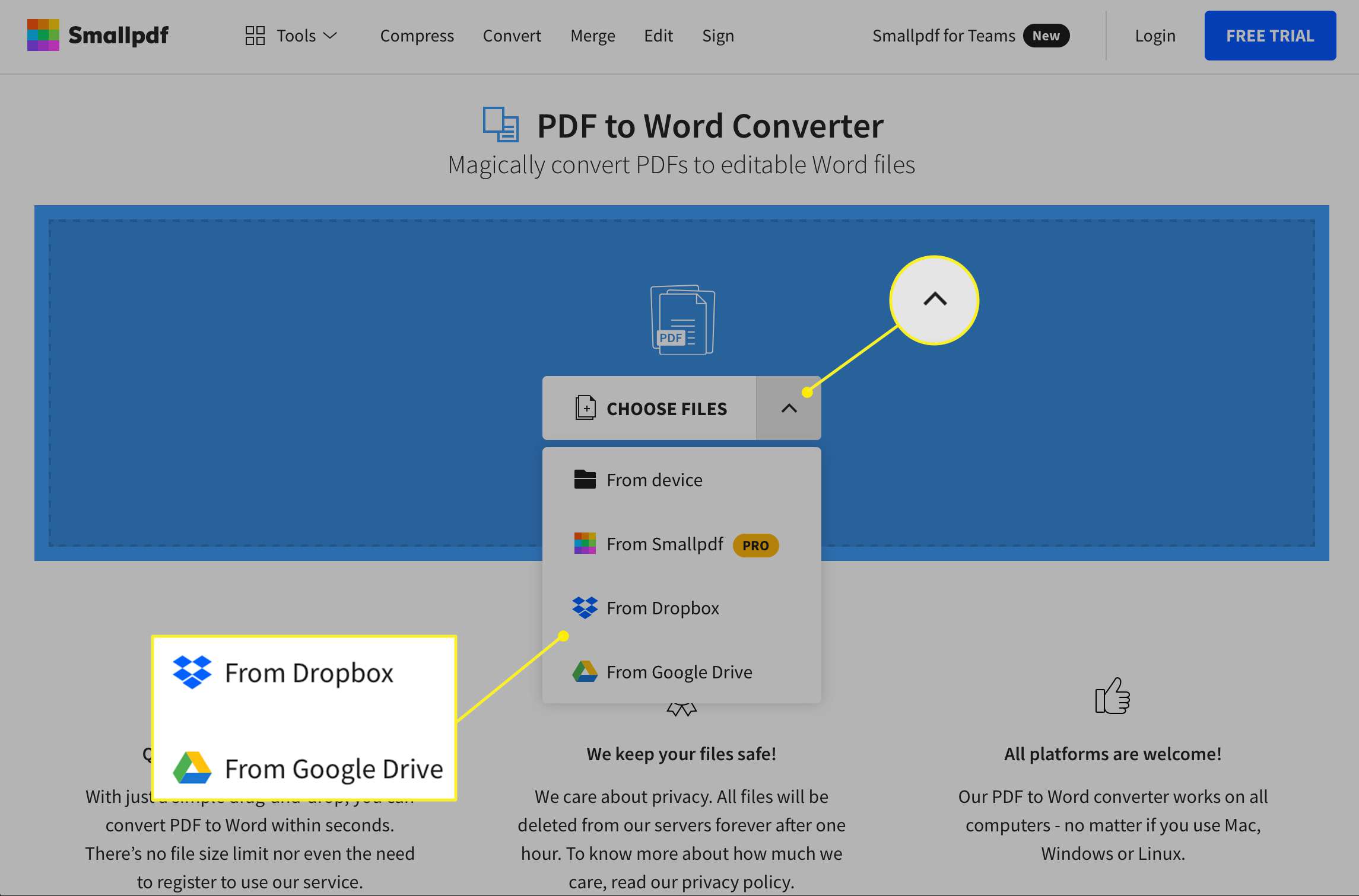 Možnosti nahrávání PDF na webu Smallpdf
