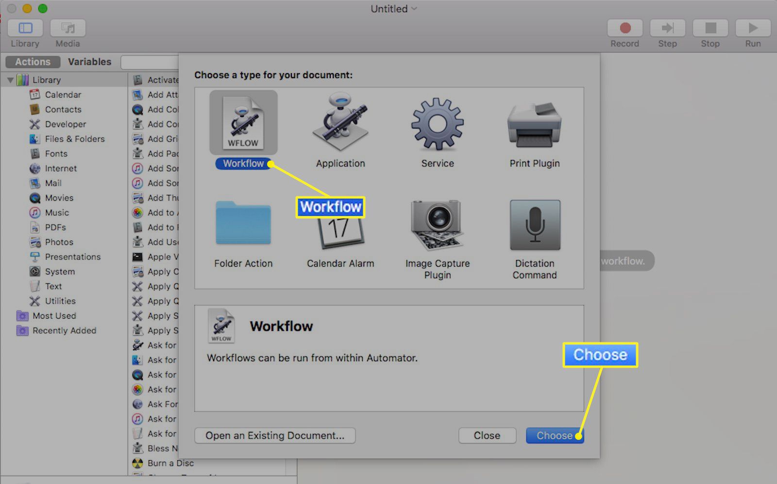 Aplikace Automator pro Mac s vybraným Workflow