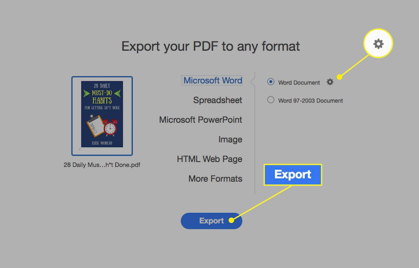 Obrazovka Acrobat Pro DC pro export PDF do aplikace Word