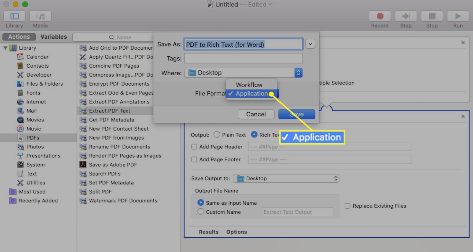 Automatizační aplikace pro Mac s aplikací vybranou jako formát souboru