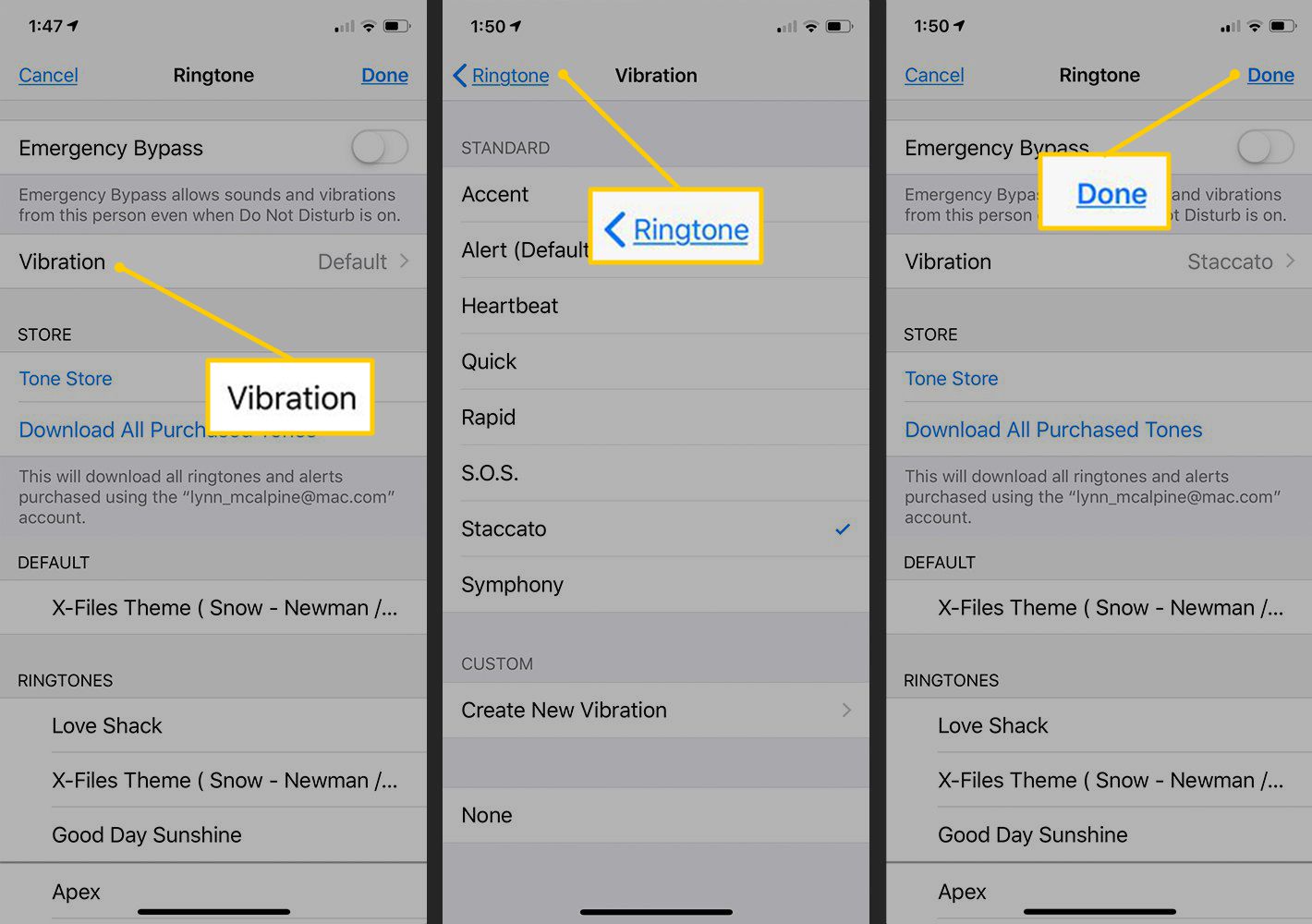 Vibrace, vyzvánění, tlačítka Hotovo v nastavení iOS