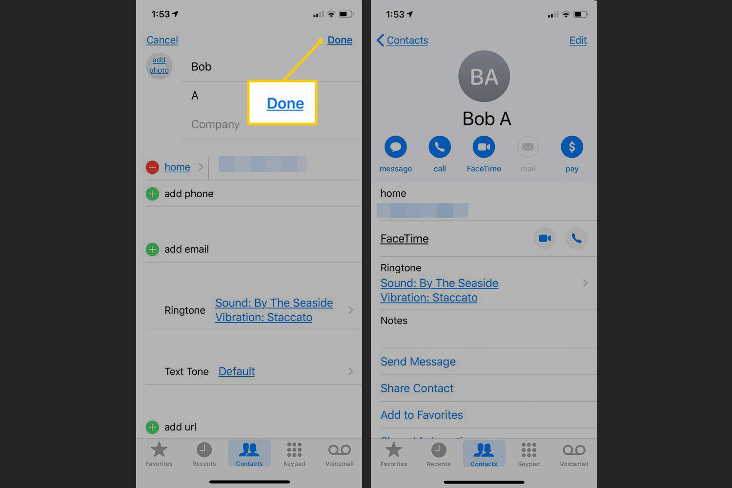 Tlačítko Hotovo na obrazovce Upravit kontakt v systému iOS