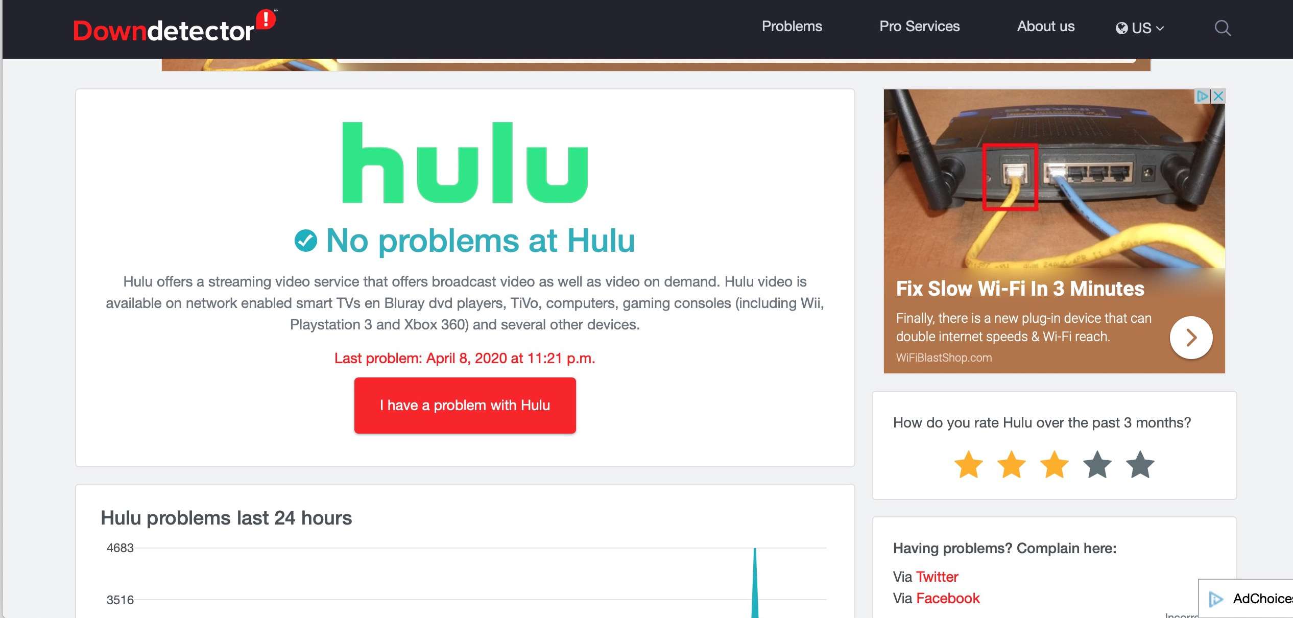 Downdetector monitorující stav služby Hulu