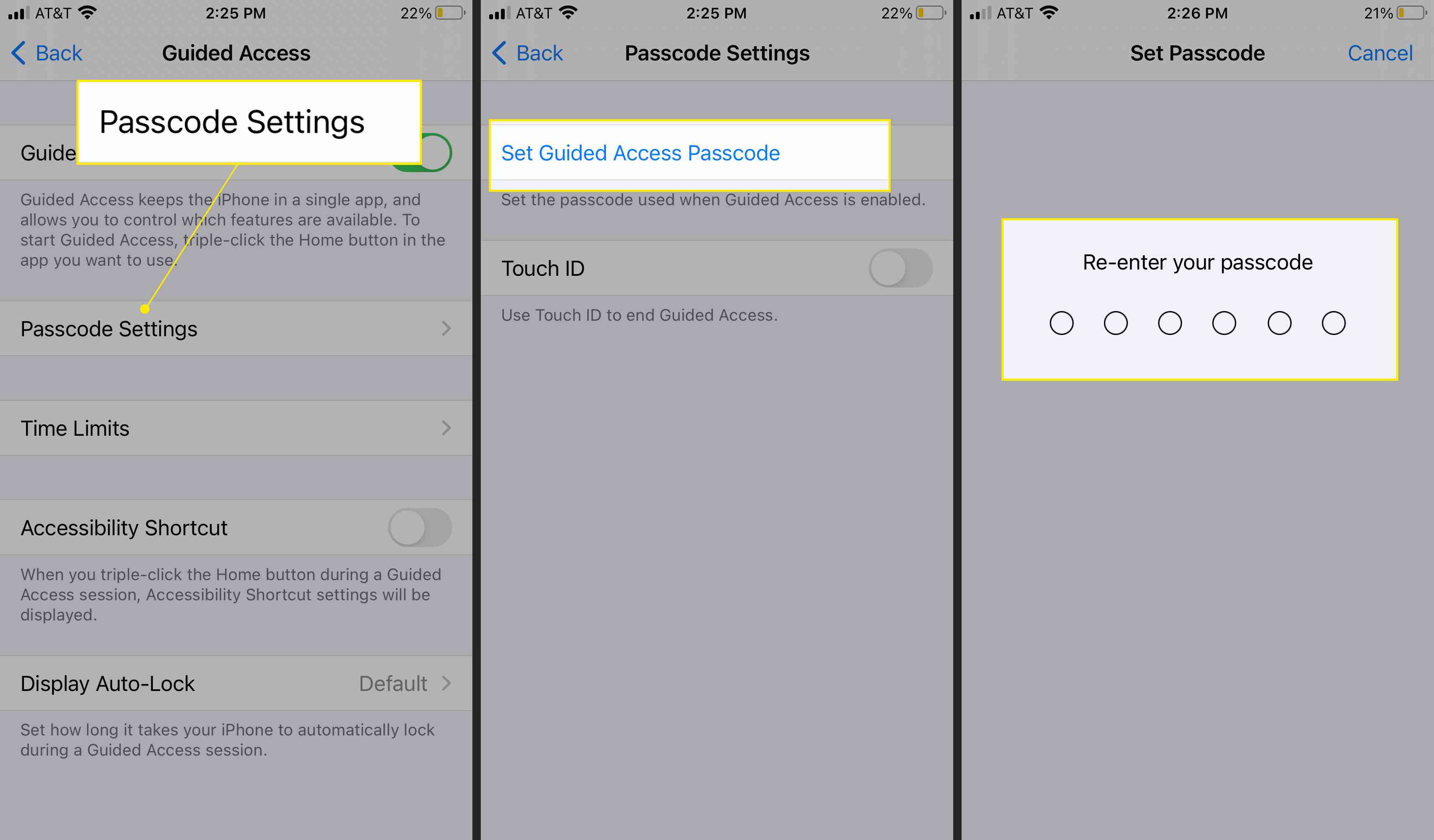 Nastavení přístupu s průvodcem pro iPhone se zvýrazněným nastavením Passcode a Set Guided Access Passcode