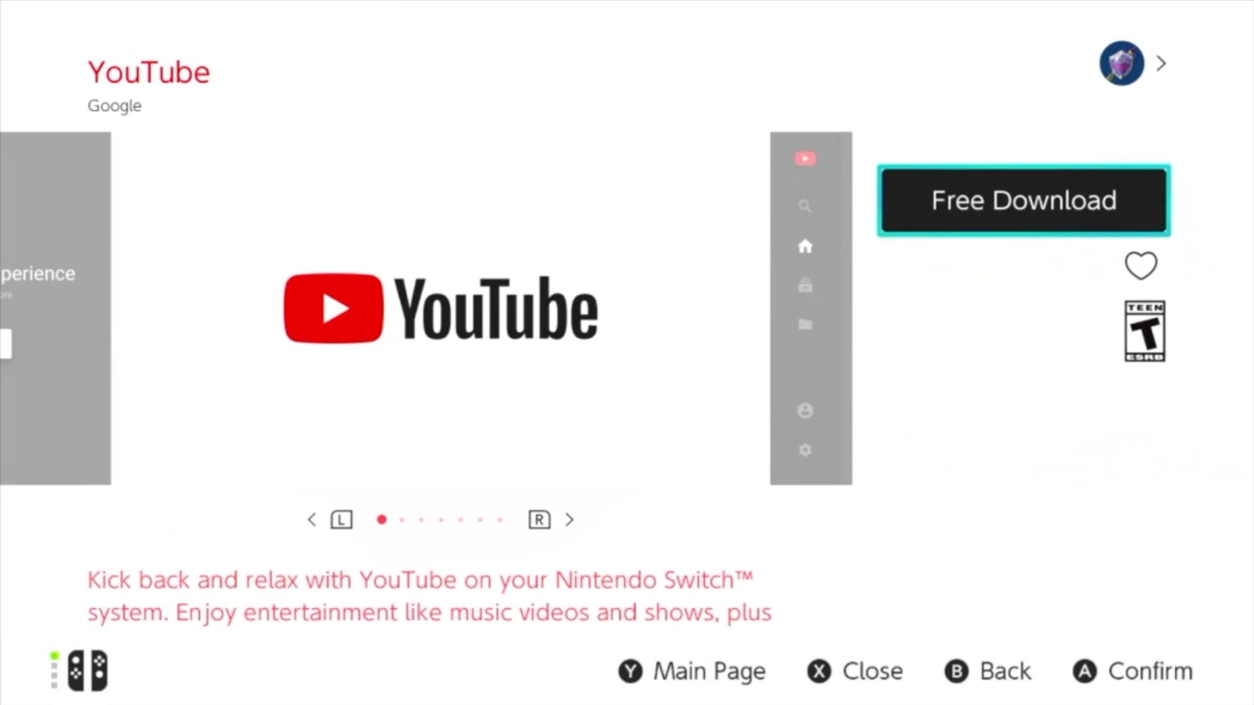 Stahování aplikace YouTube pro Switch.