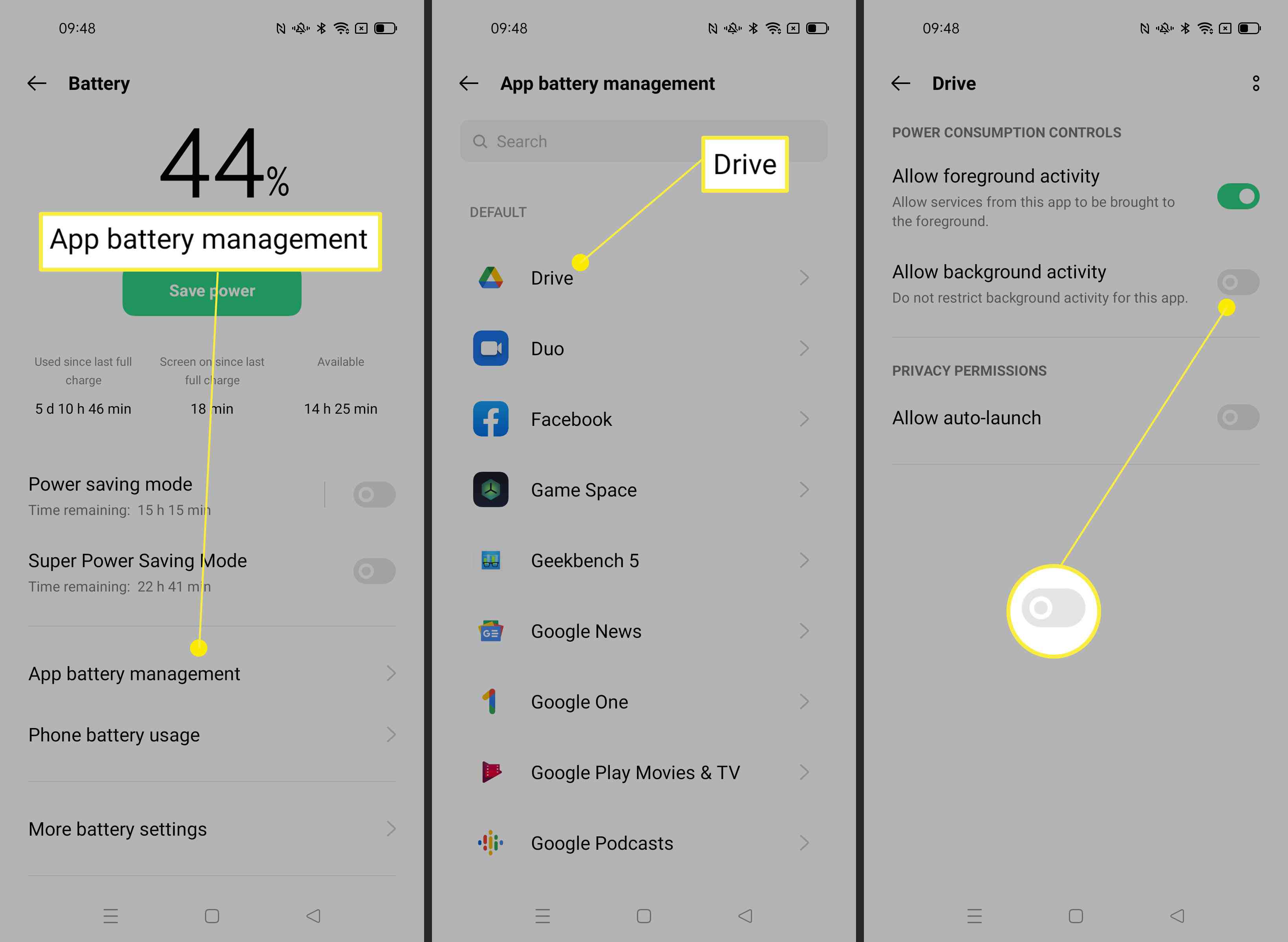 Kroky potřebné k zobrazení správy jednotlivých aplikací a jejich využití baterie v systému Android