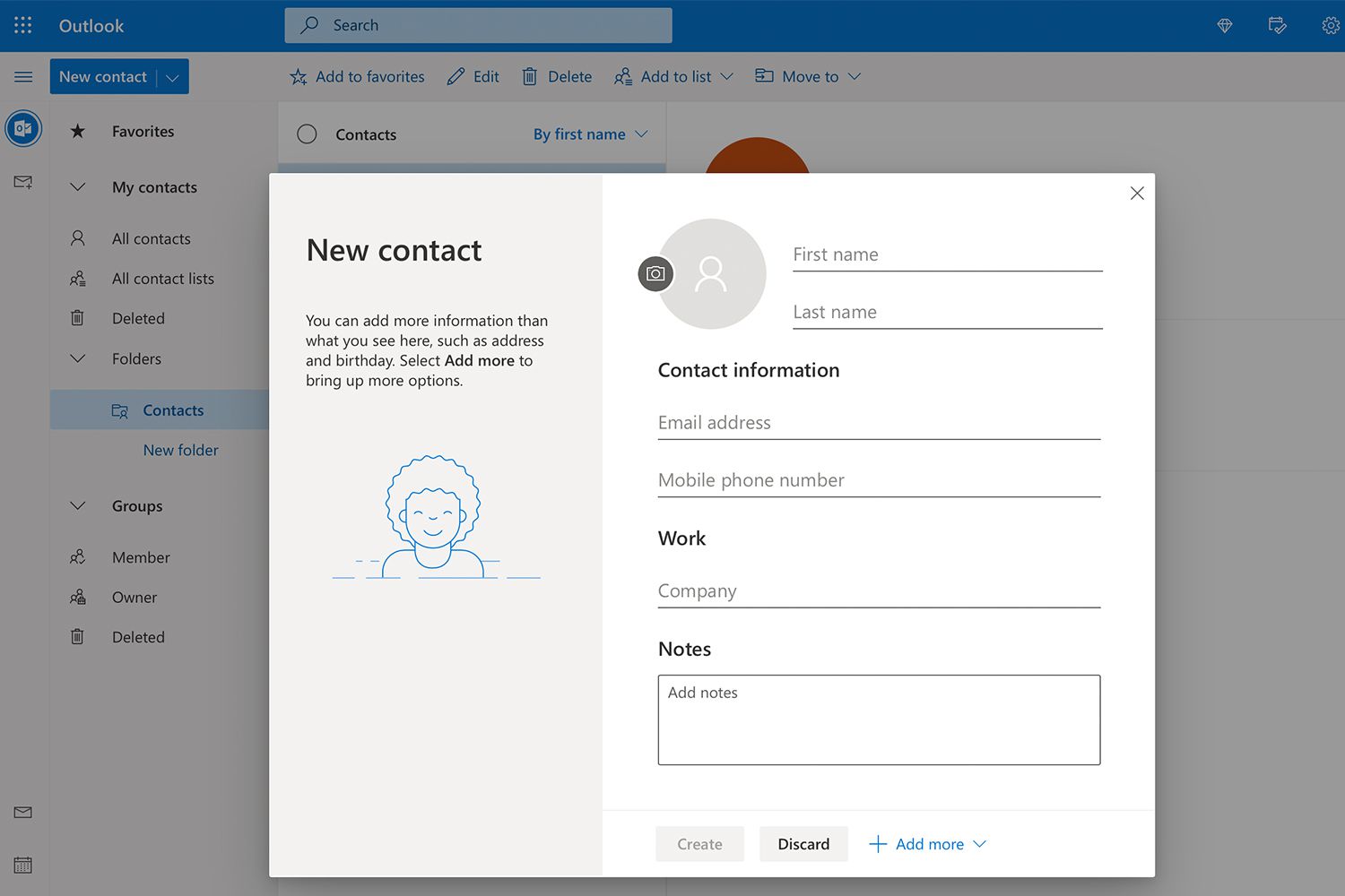 Nová obrazovka kontaktu v aplikaci Lidé na Outlook.com