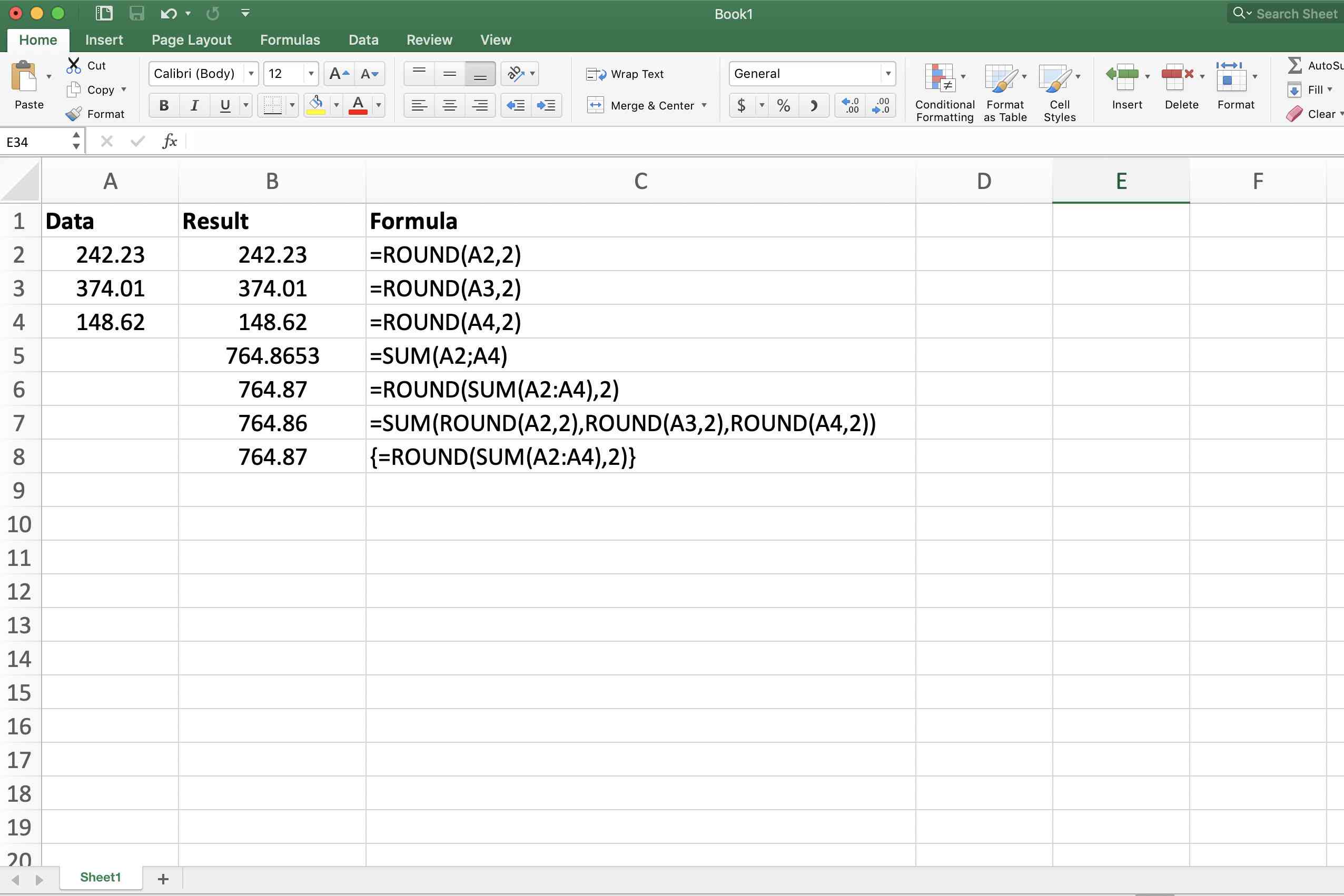 Screenshot aplikace Microsoft Excel s kombinovanými funkcemi