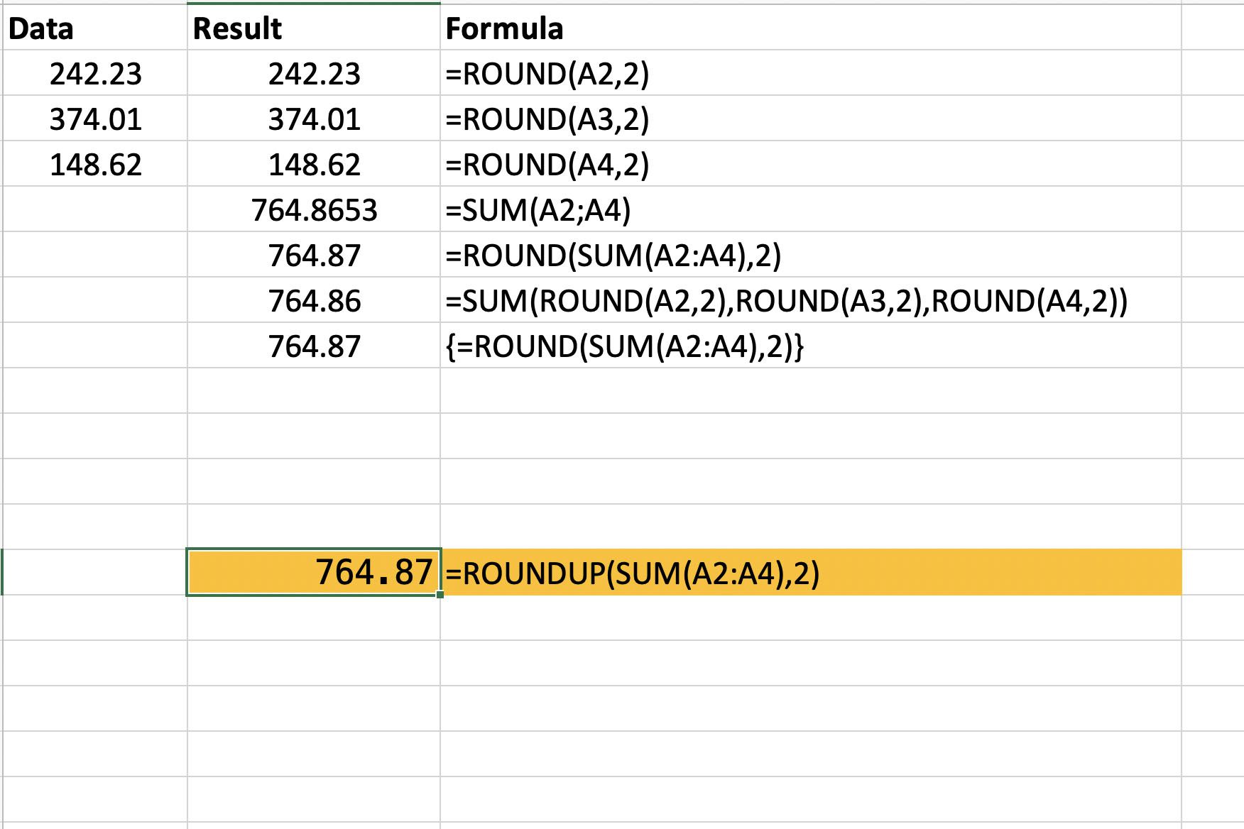 Screenshot z aplikace Microsoft Excel a funkce ROUNDUP.