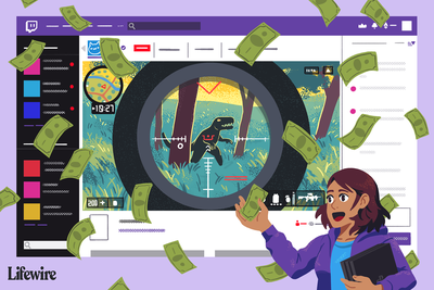 Ilustrace osoby, která drží herní konzoli před obrovskou obrazovkou Twitch s penězi plovoucími vzduchem