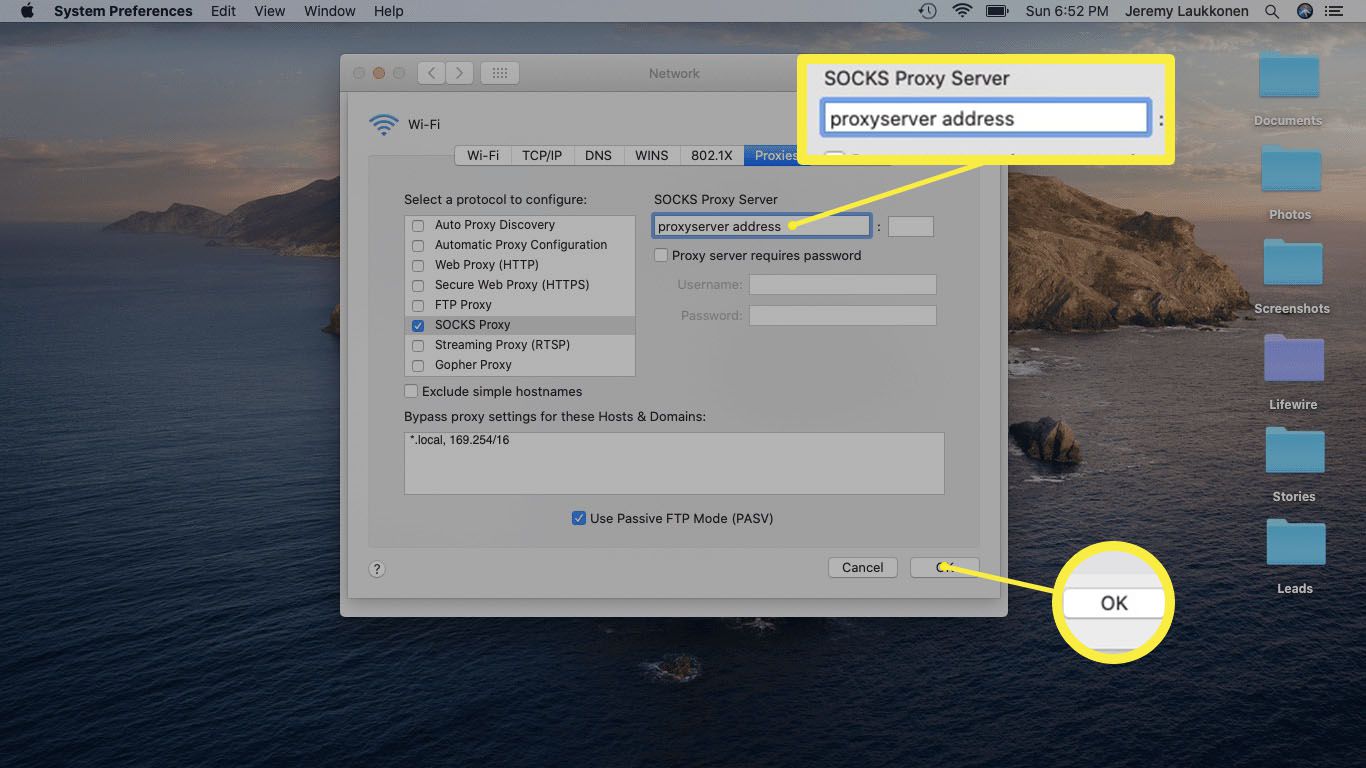 Snímek obrazovky serveru proxy na počítači Mac.