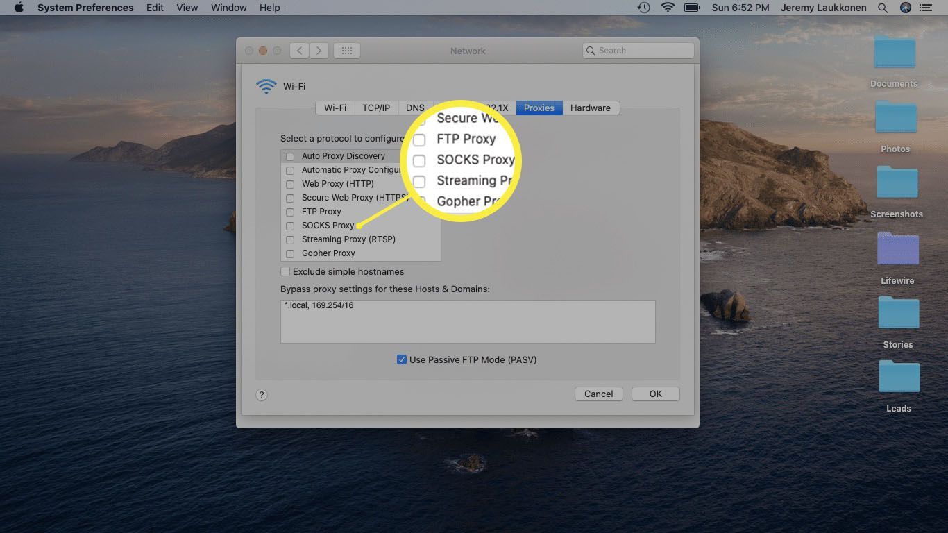 Snímek obrazovky s nastavením serveru proxy na počítači Mac.