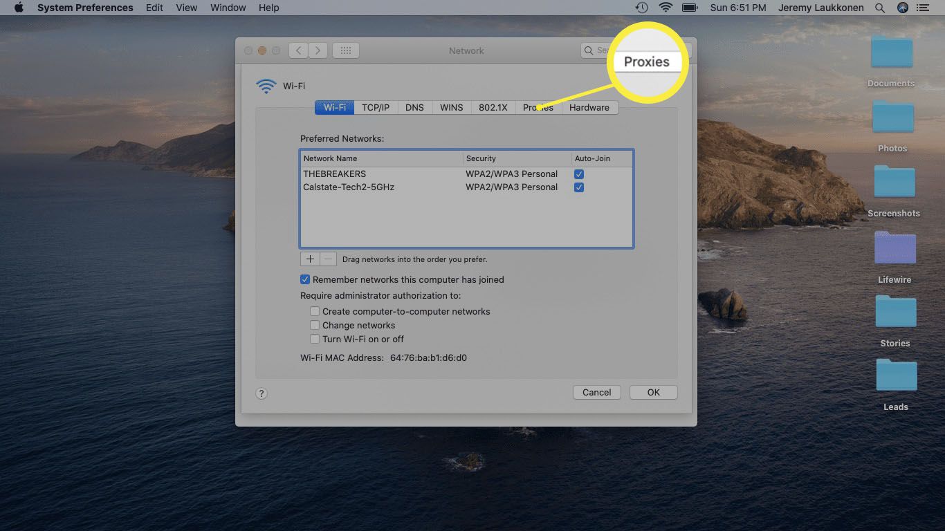 Snímek obrazovky s nastavením sítě v počítači Mac.