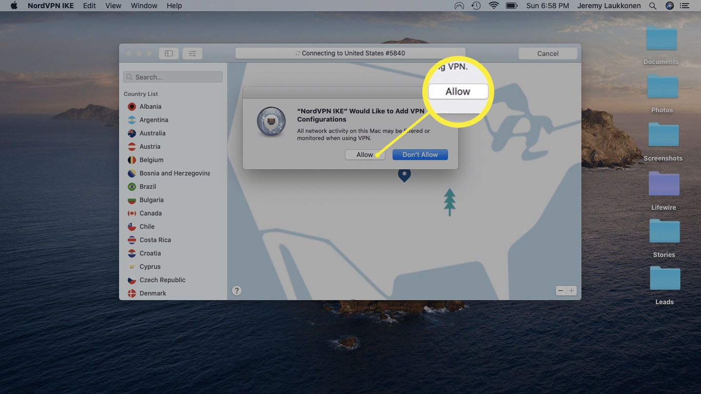 Screenshot umožňující práci VPN na Macu.