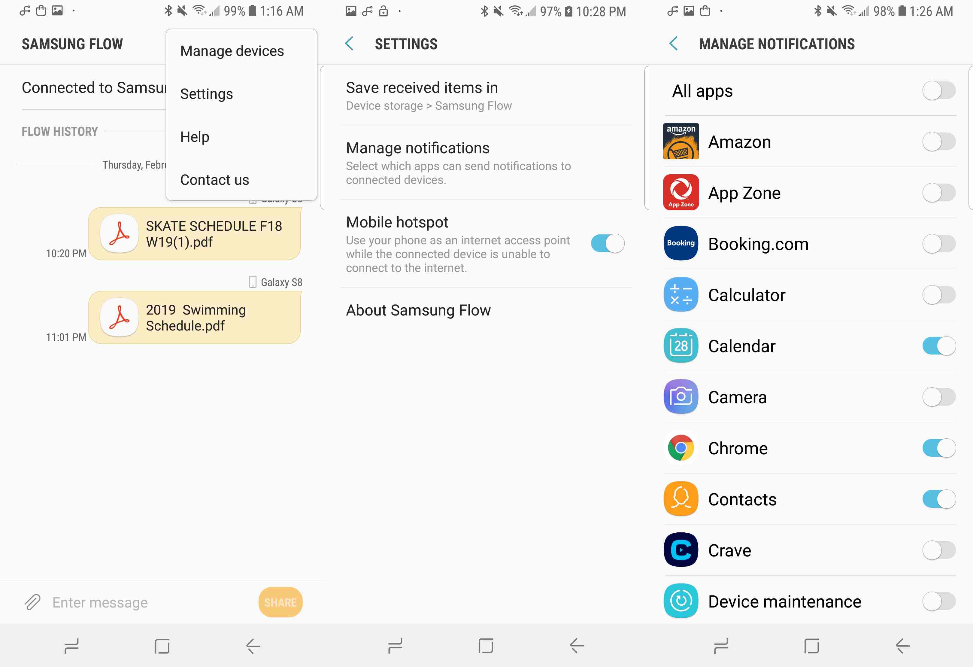 Snímek obrazovky s možnostmi oznámení v Samsung Flow.