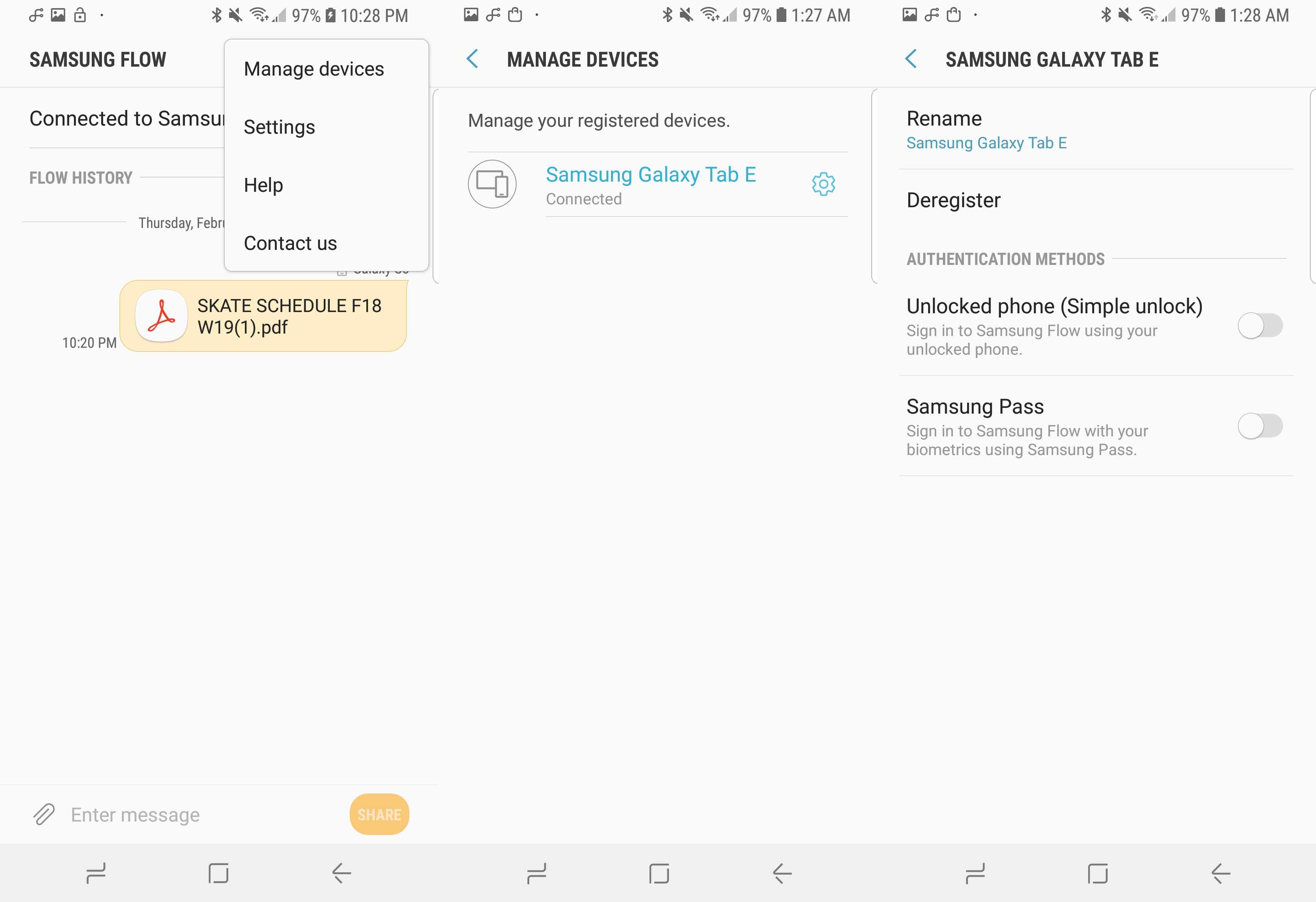 Snímek obrazovky s možnostmi správy zařízení Samsung Flow.