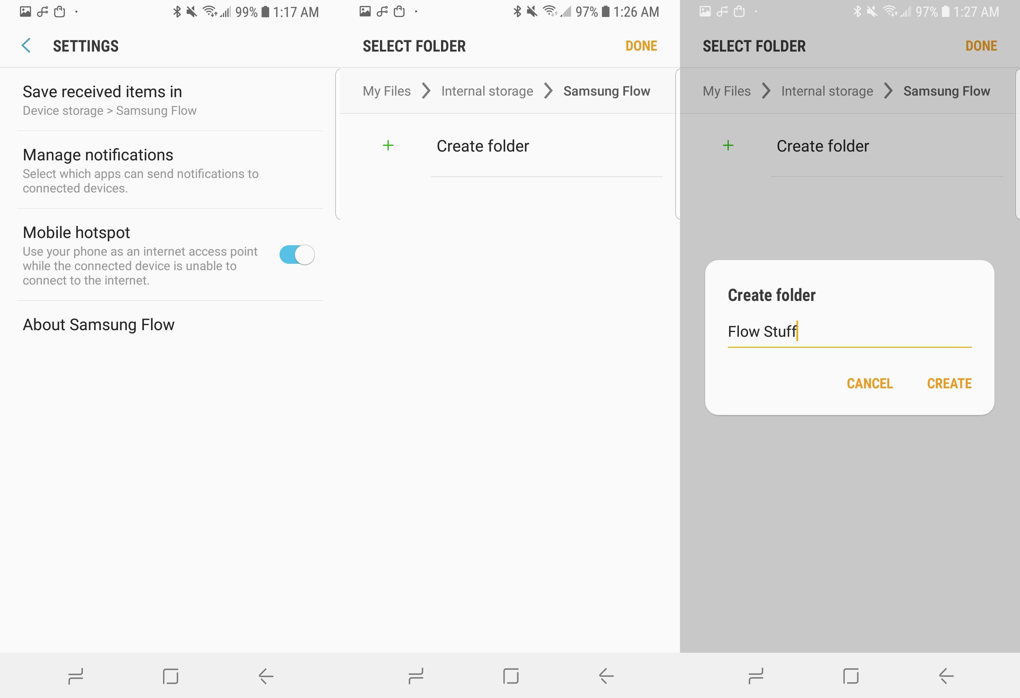 Screenshot zobrazující možnosti uložení umístění v Samsung Flow.
