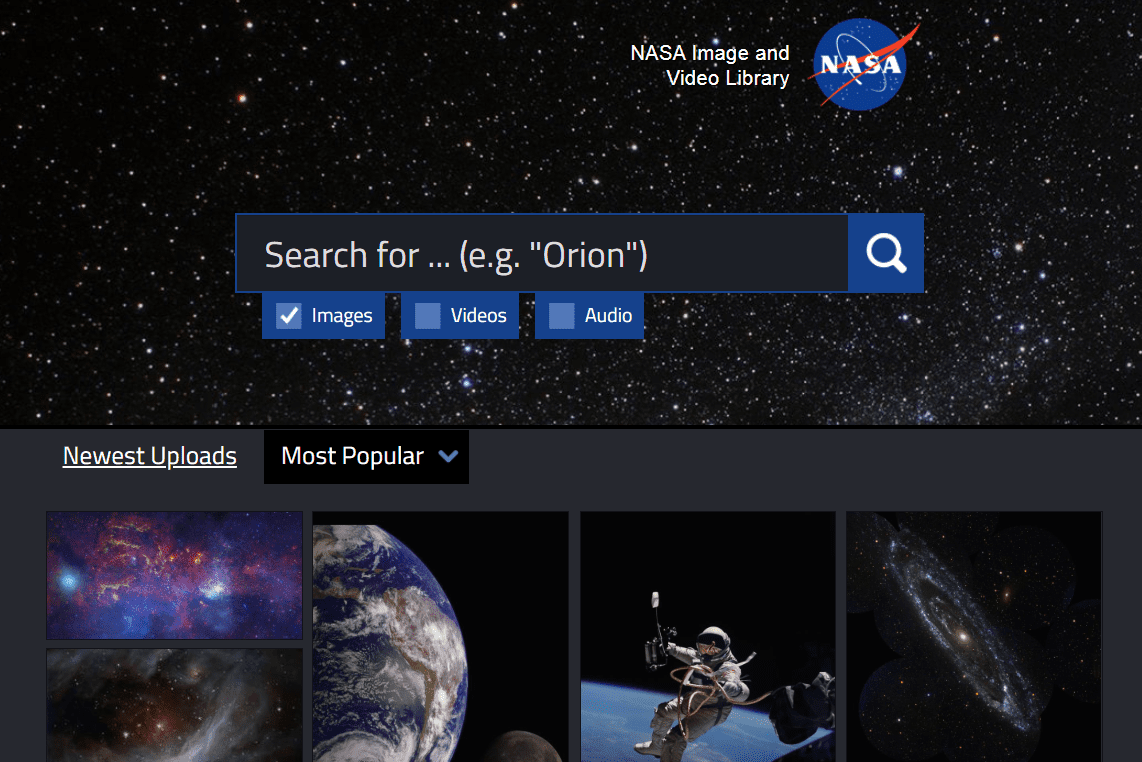 Hledání obrázků na webových stránkách NASA