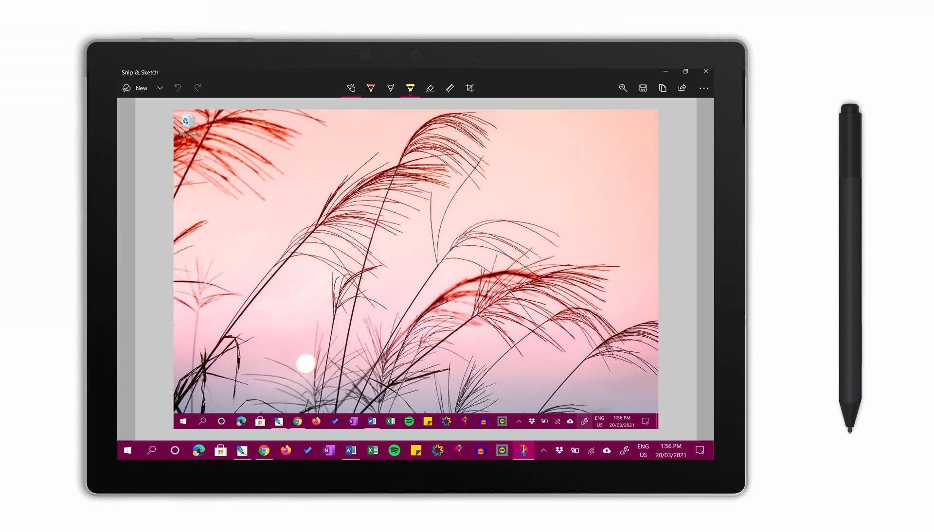 Pořízení snímku obrazovky na Surface Pro pomocí povrchového pera.