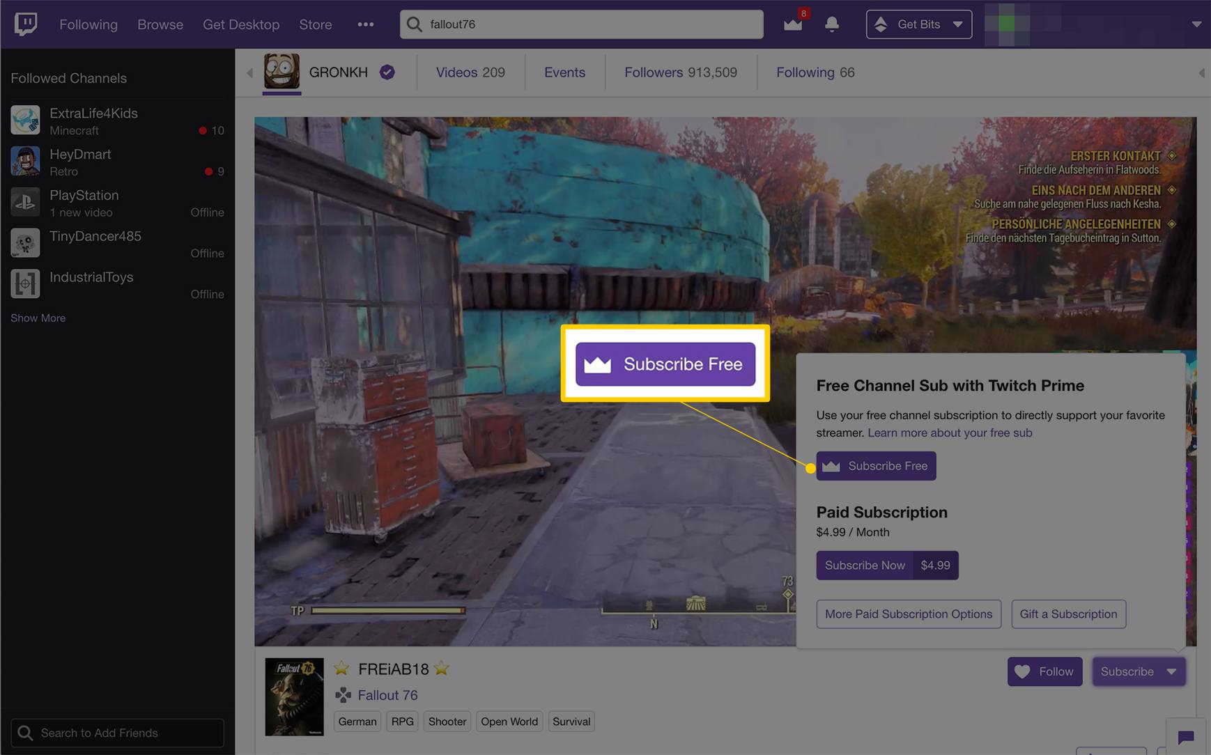 Tlačítko Přihlásit se k odběru zdarma na Twitch Prime