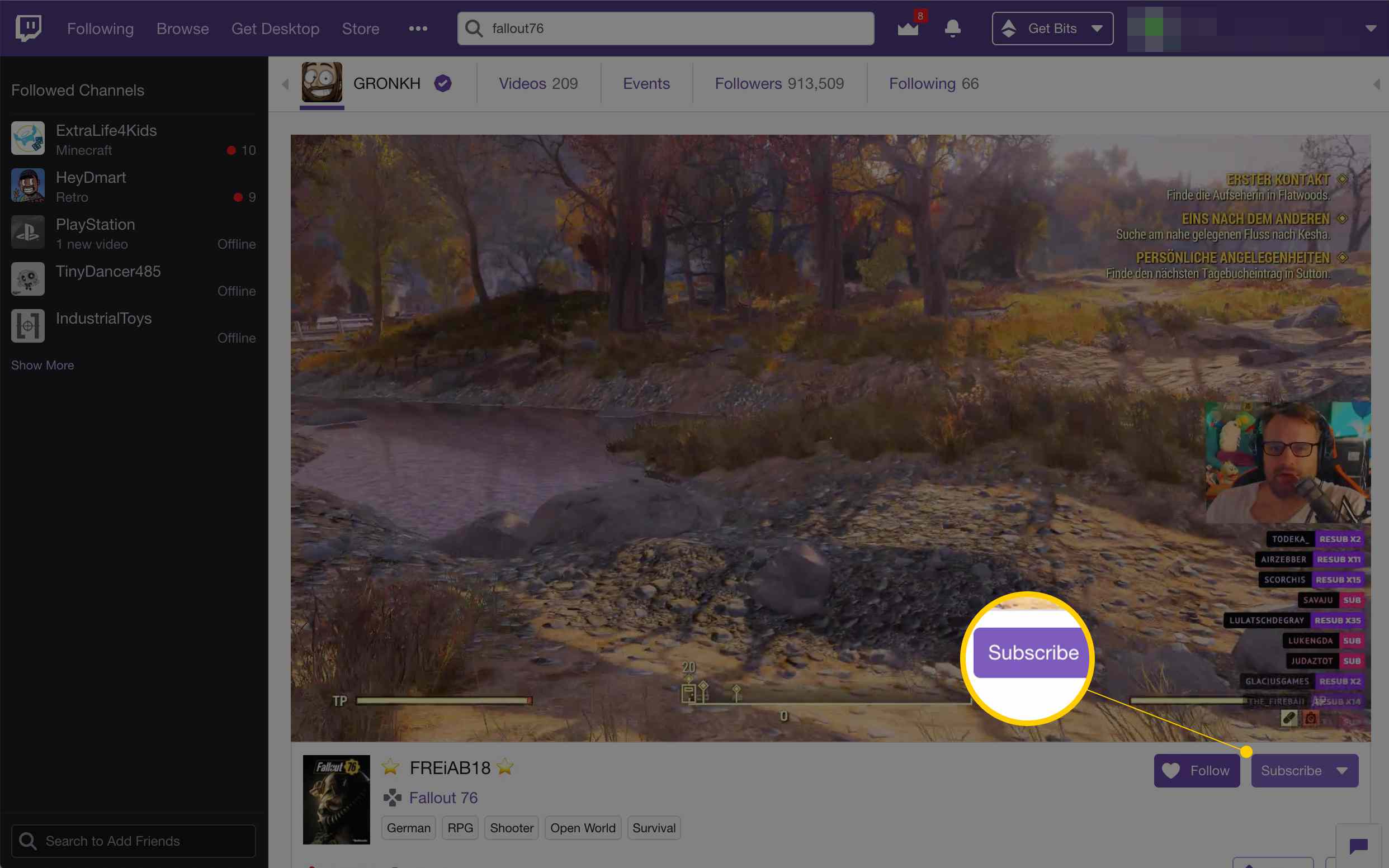 Tlačítko Přihlásit se k odběru u videa Twitch