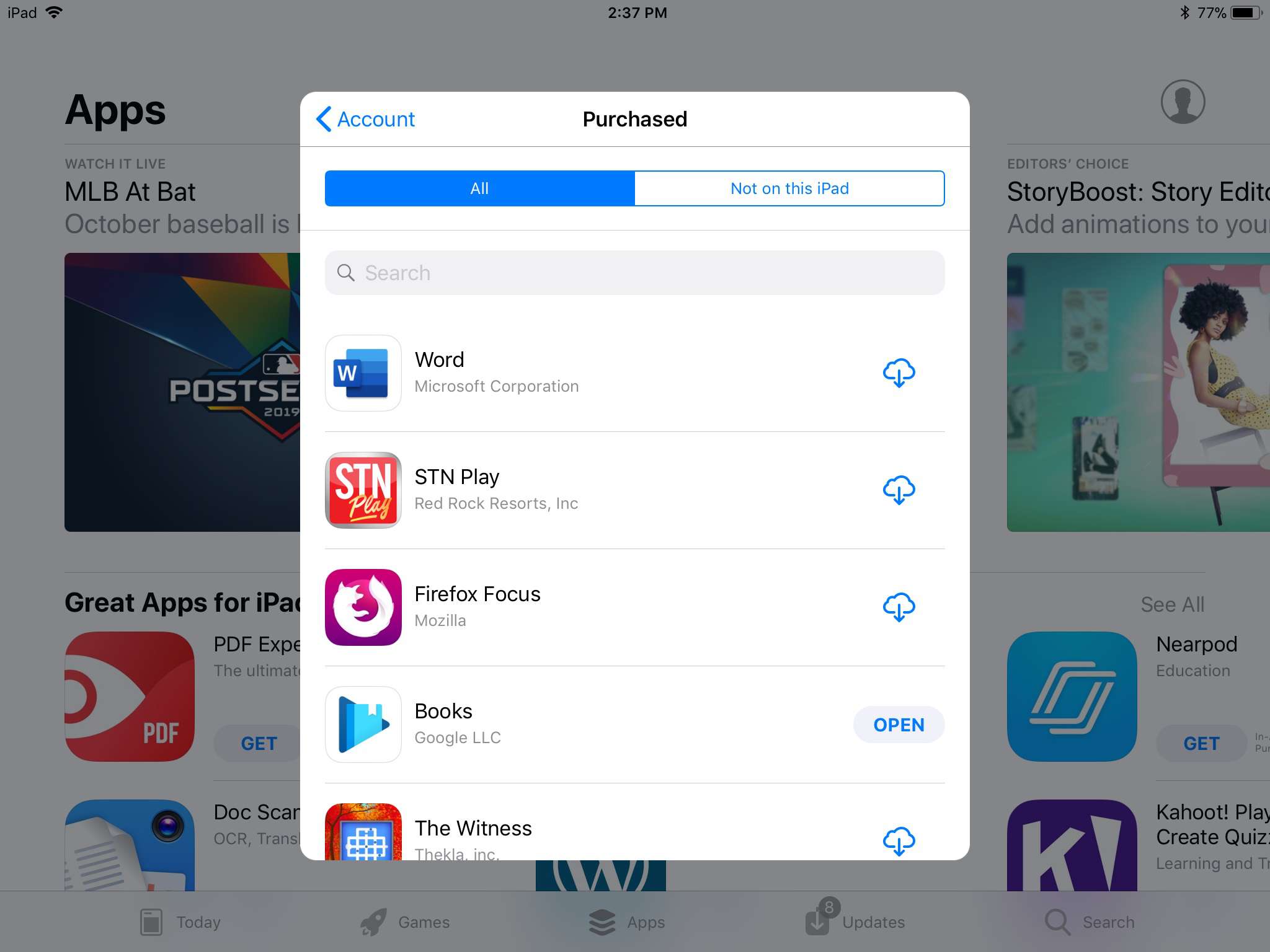 Screenshot z nakoupených aplikací dané osoby v Apple App Store