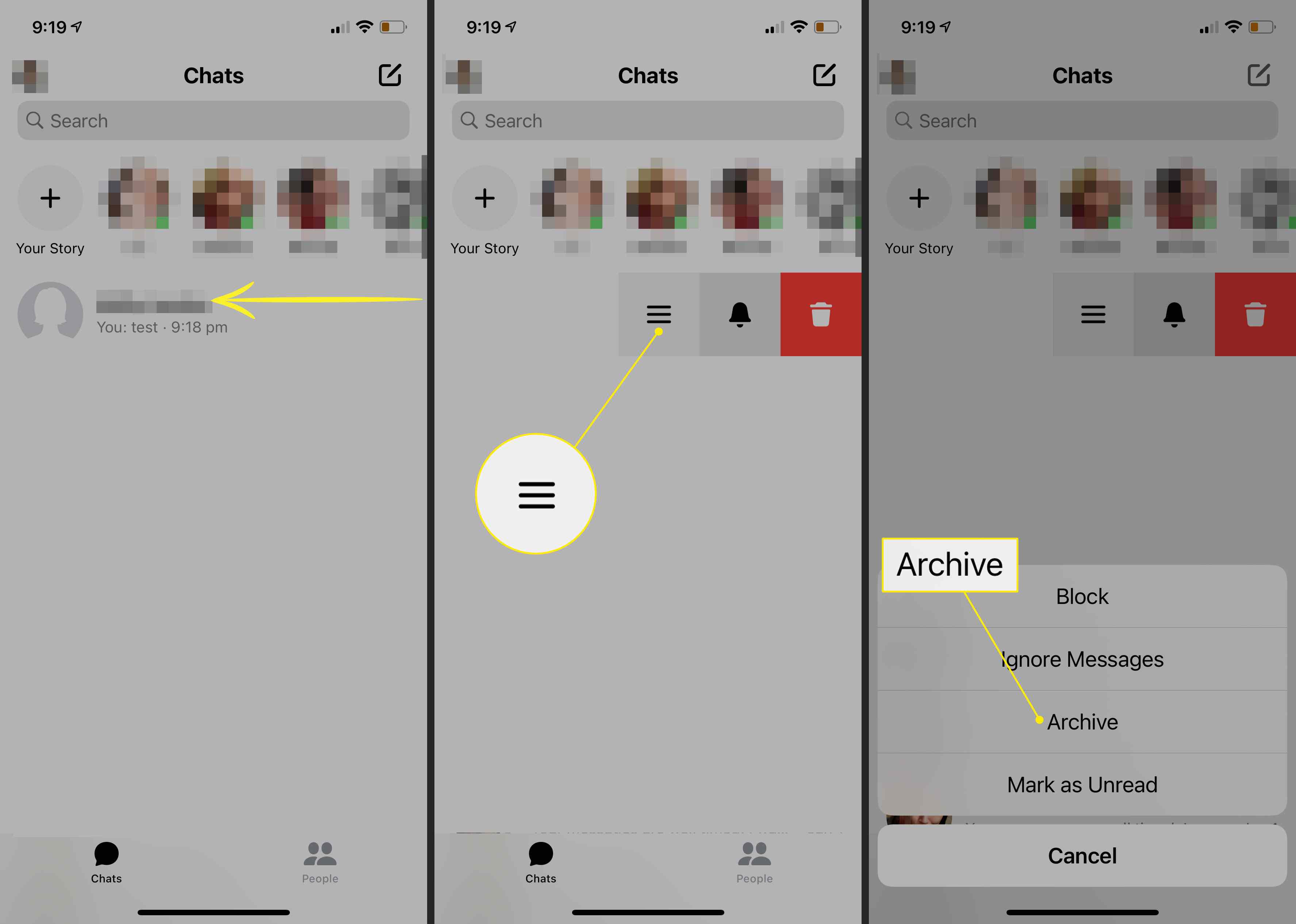 Třířádková nabídka a příkazy Archivovat v Messengeru pro iOS