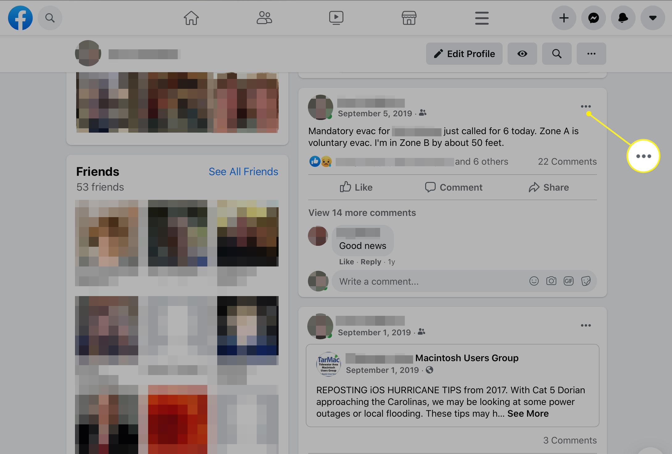 Facebookový profil se zvýrazněnou ikonou se třemi tečkami vedle příspěvku