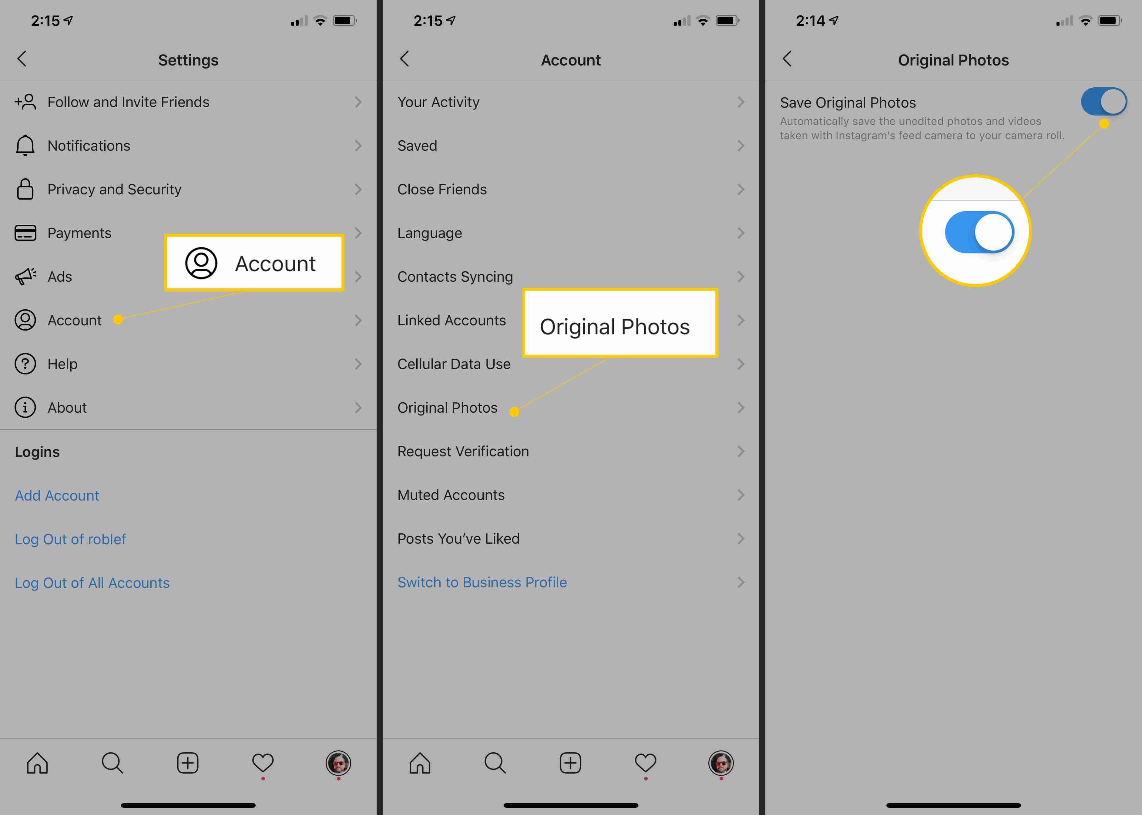 Účet, Původní fotografie a Uložit původní fotografie přepněte na ON v nastavení Instagramu pro iOS