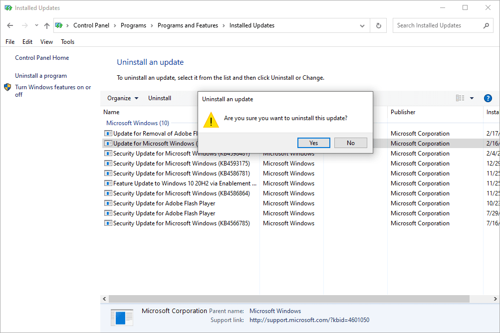 Odinstalujte potvrzovací pole aktualizace se seznamem nainstalovaných aktualizací systému Windows