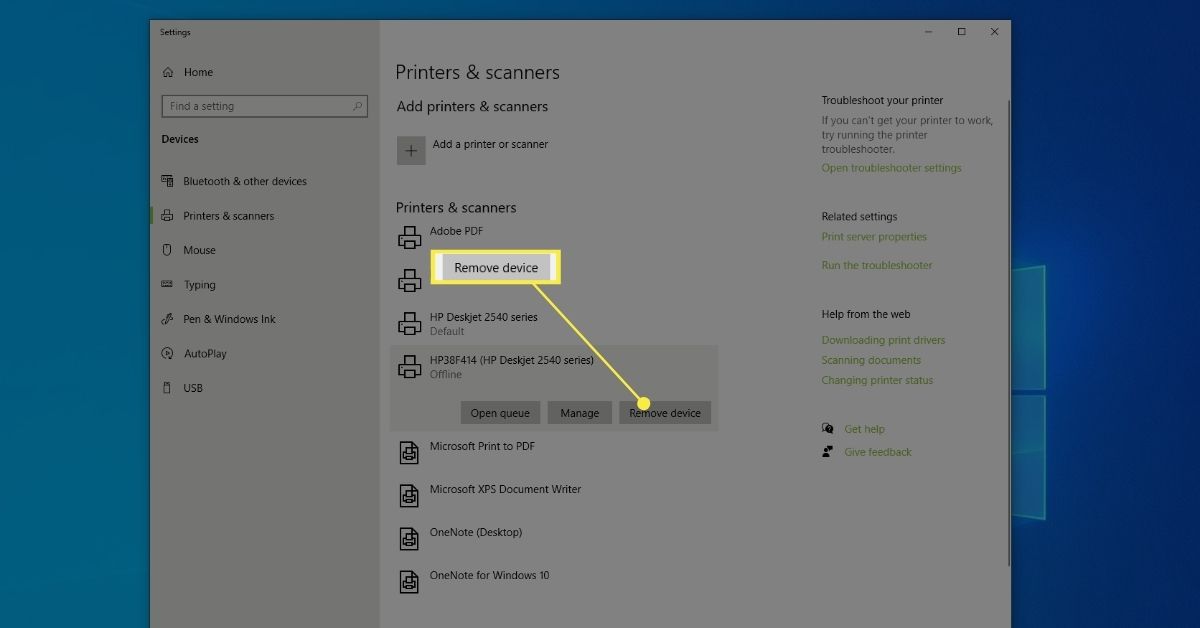 Odeberte zařízení v části Tiskárny a skenery ve Windows 10