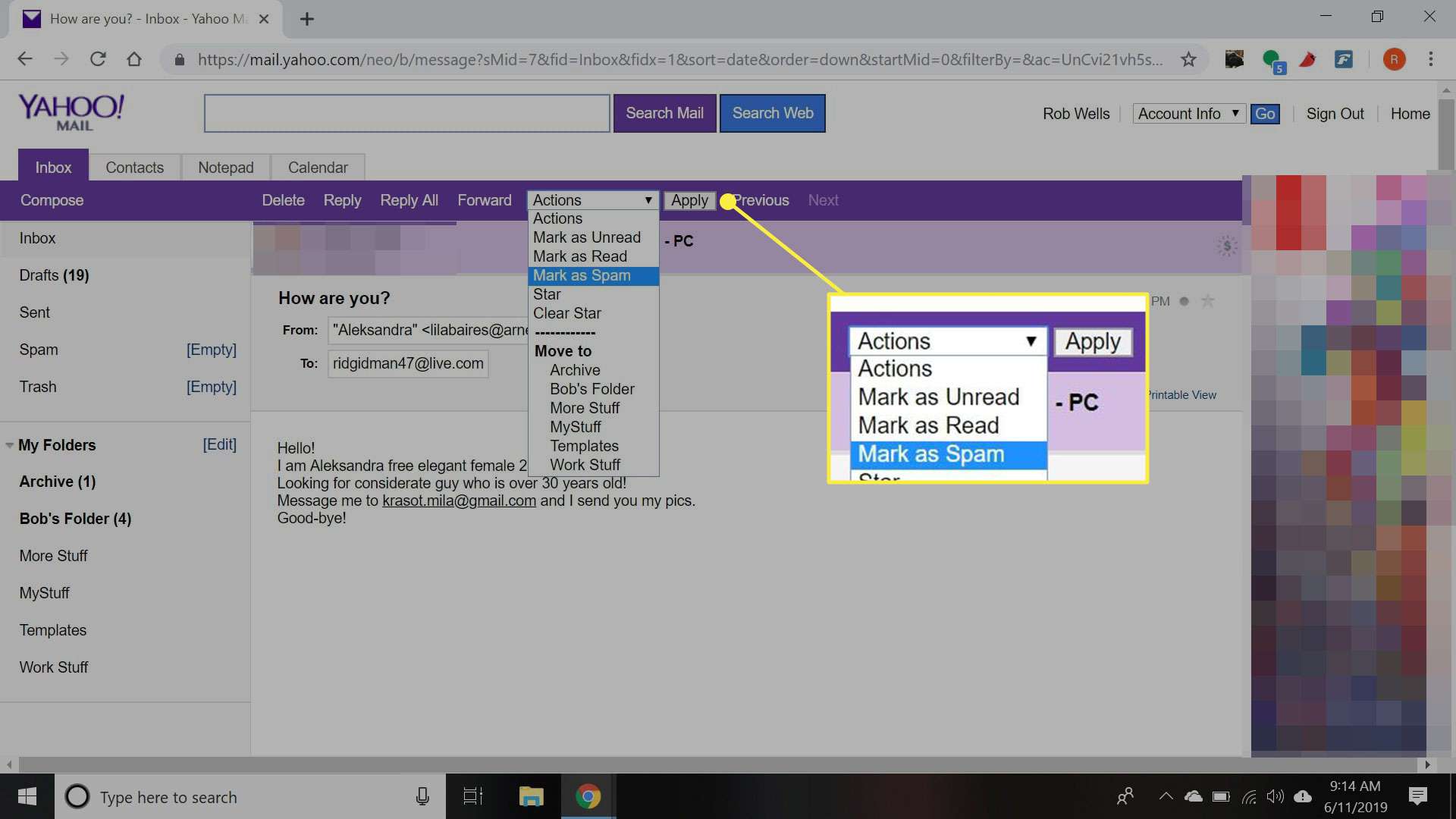 Snímek obrazovky Yahoo Mail basic se zvýrazněnou nabídkou Akce