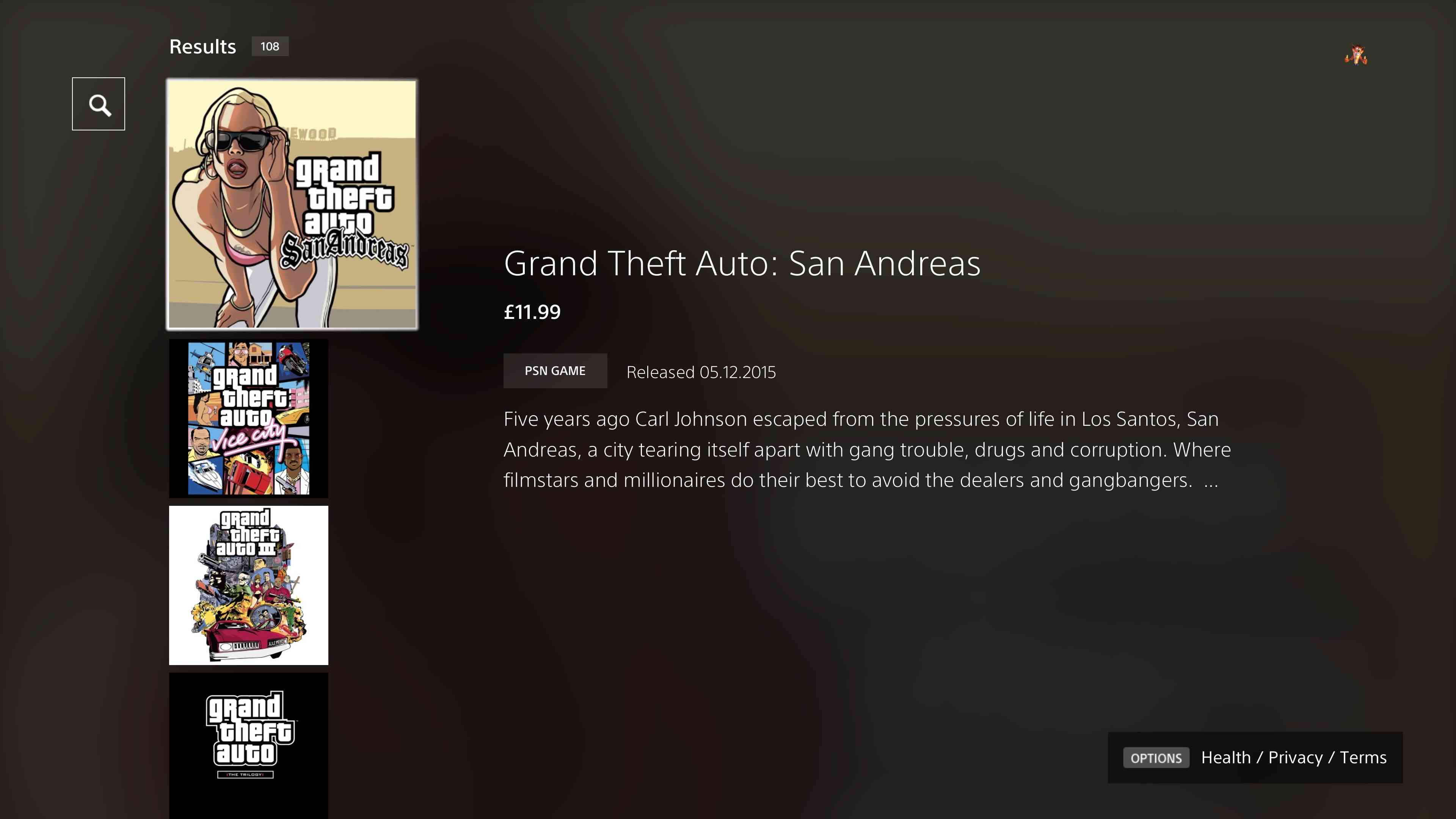 PlayStation Store zobrazující výsledky hledání hry Grand Theft Auto