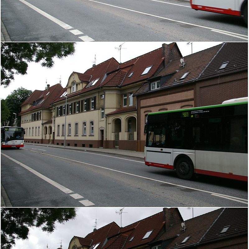 Uváděný snímek budov a autobusu