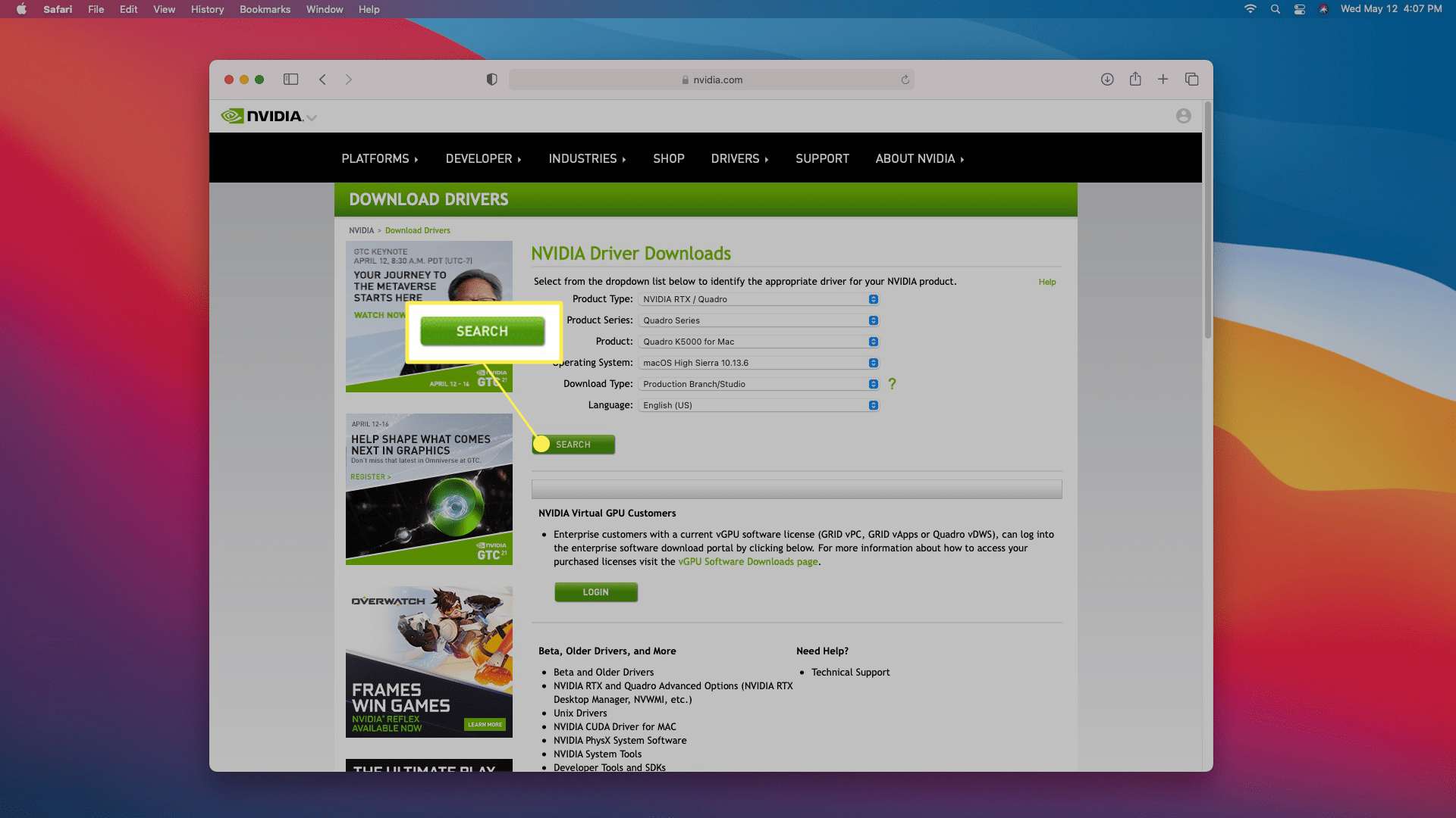 SEARCH zvýrazněno na webu pro stahování ovladačů Nvidia.