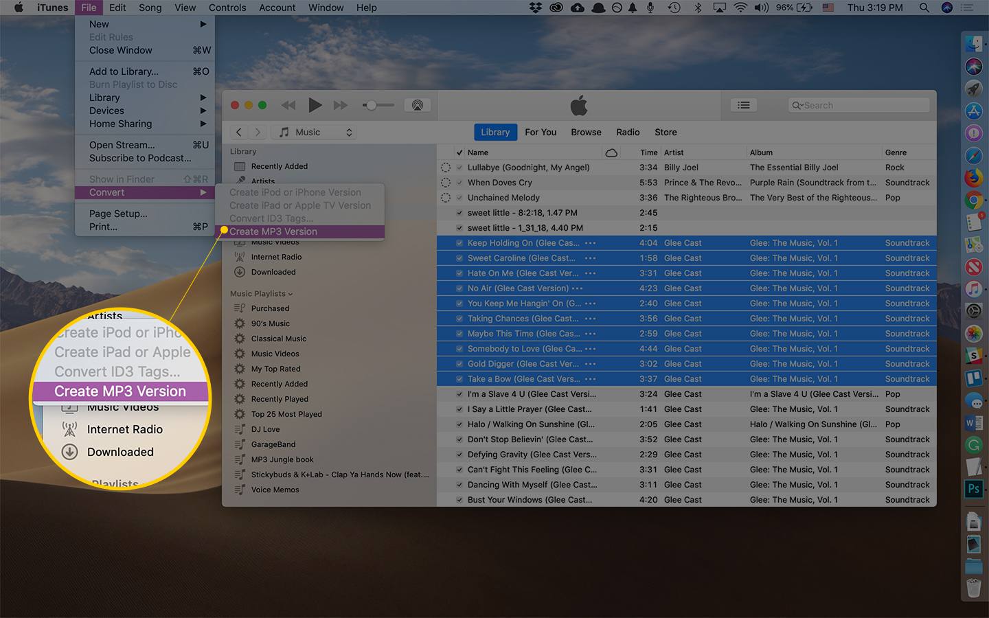 Vytvořte položku nabídky Verze MP3 v nabídce Soubor v iTunes v systému macOS