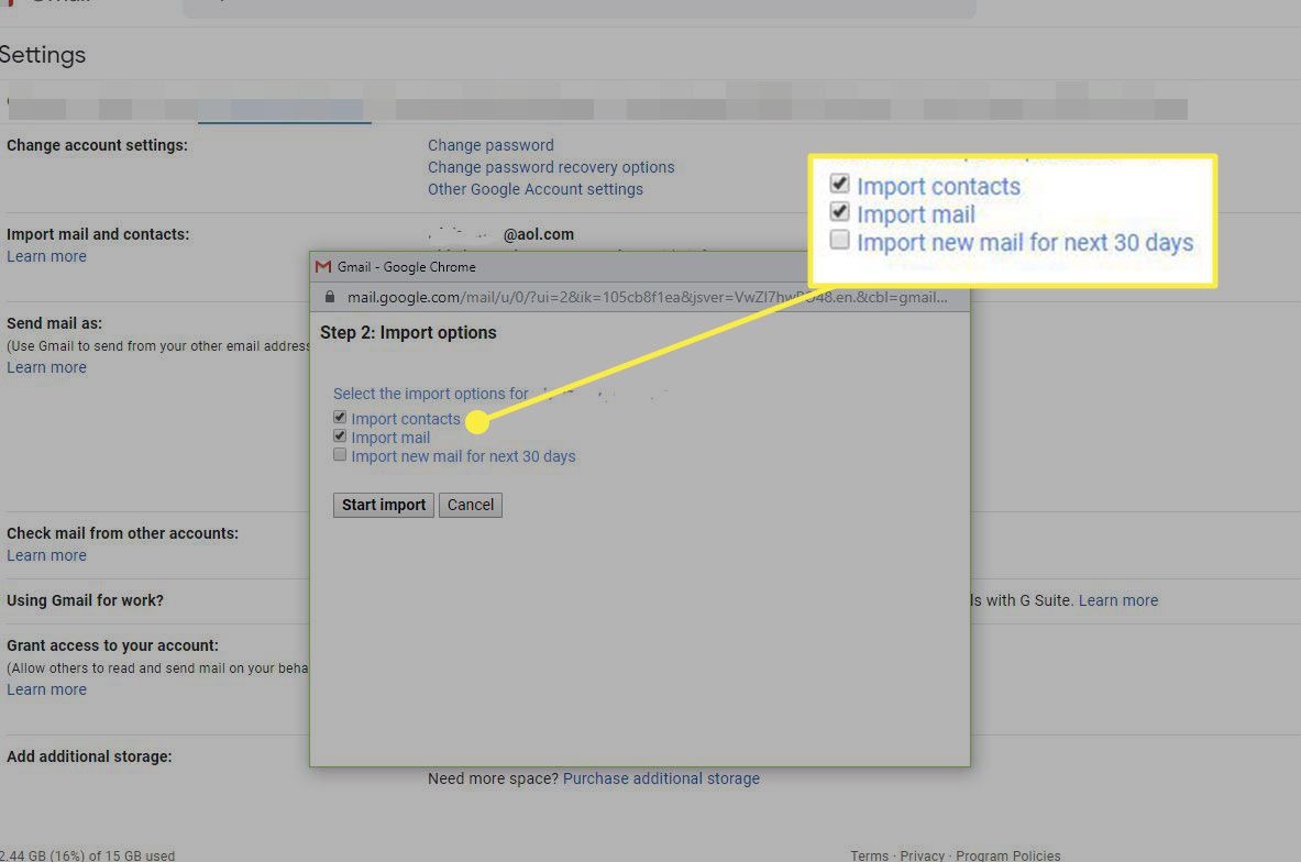 Zvýrazněné možnosti importu kontaktů a pošty v Gmailu