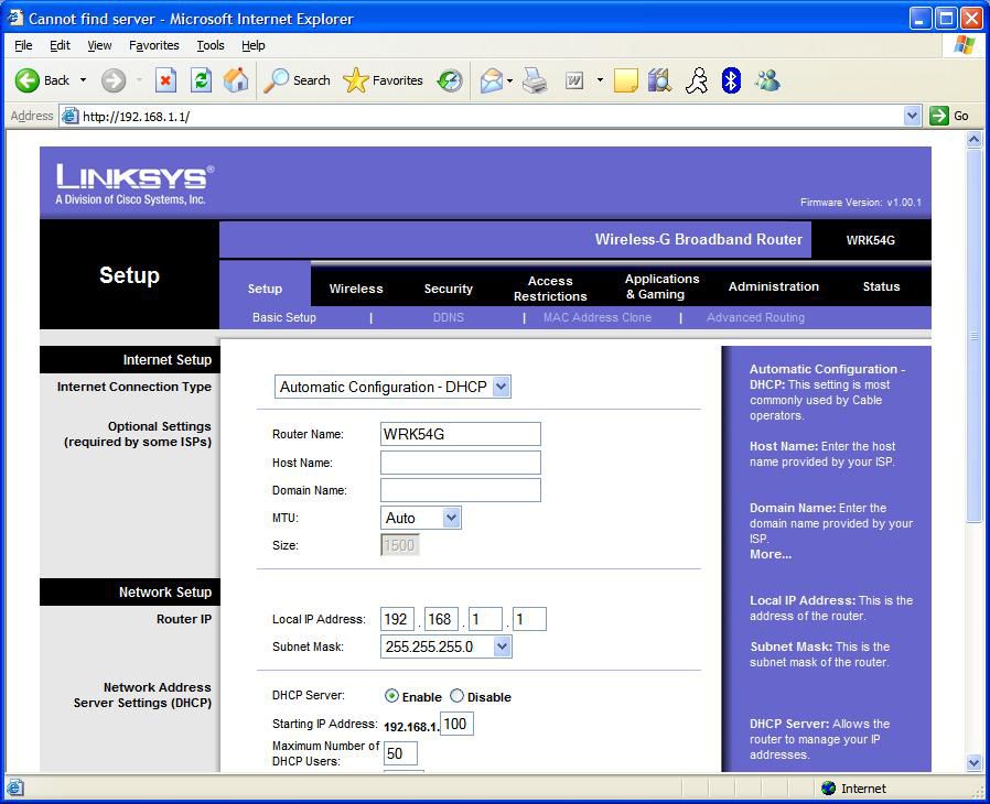 Příklad - Domovská stránka konzoly pro správu směrovače - Linksys WRK54G