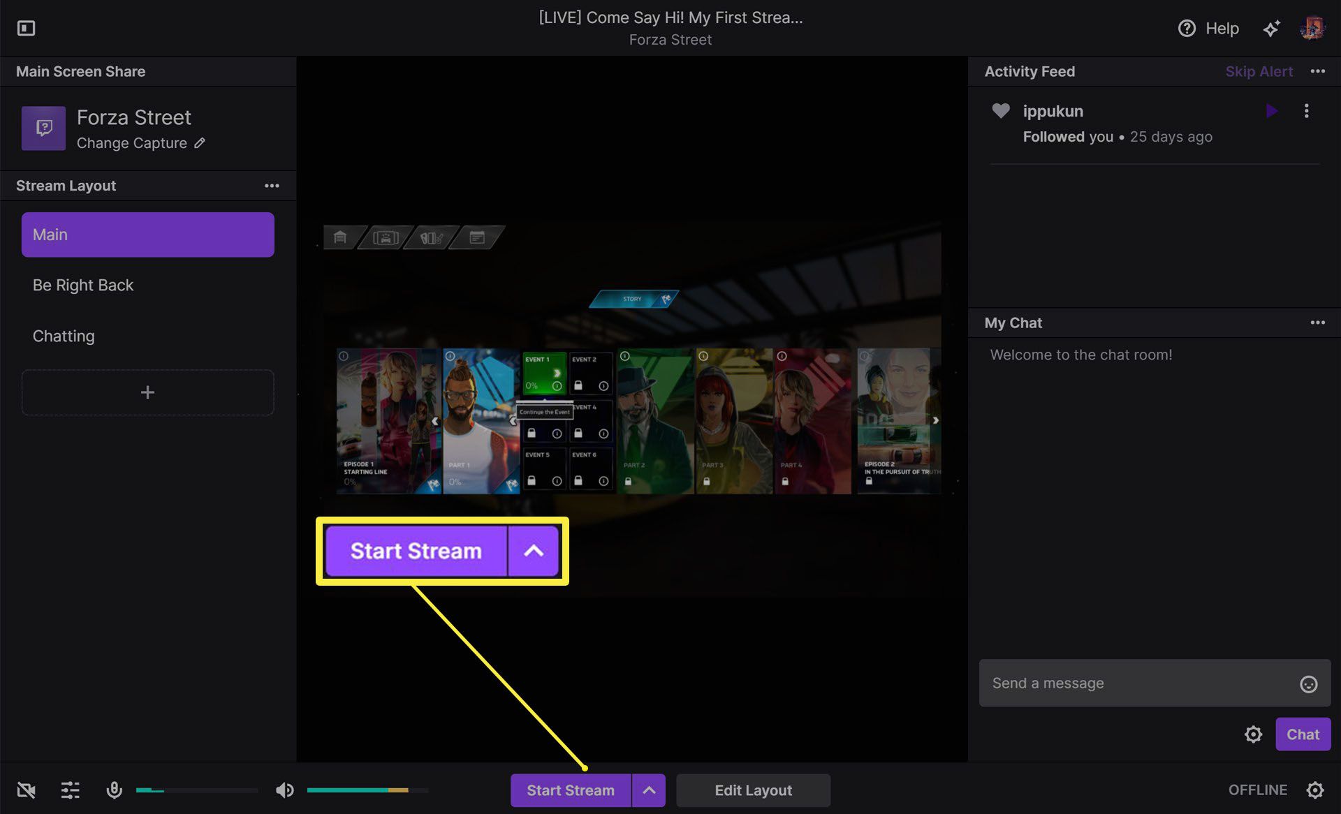 Tlačítko spuštění streamu zvýrazněné v aplikaci Twitch Studio.