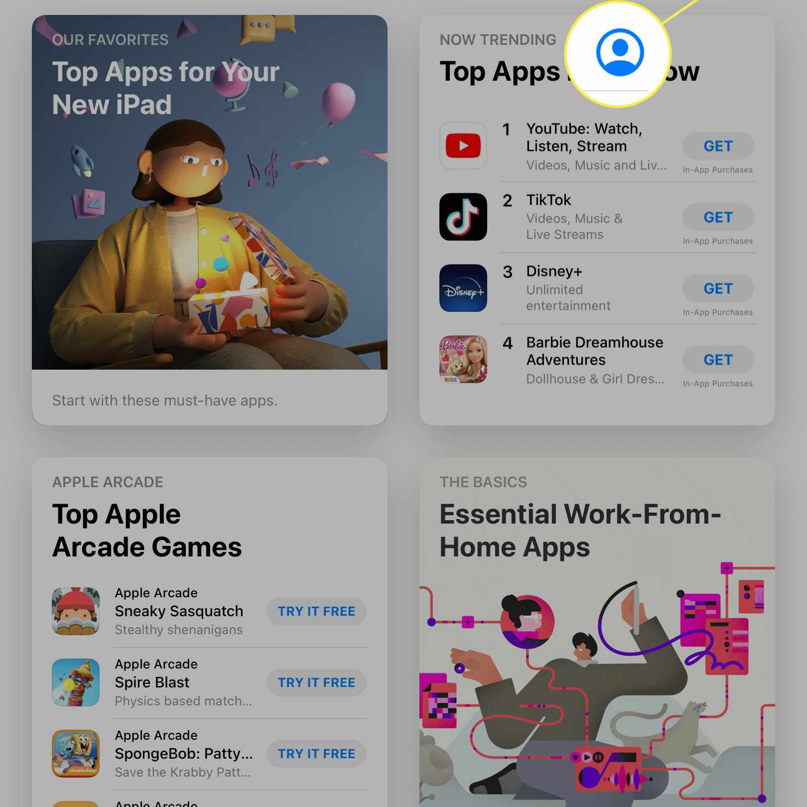 App Store na iPadu se zvýrazněnou ikonou profilu uživatele.